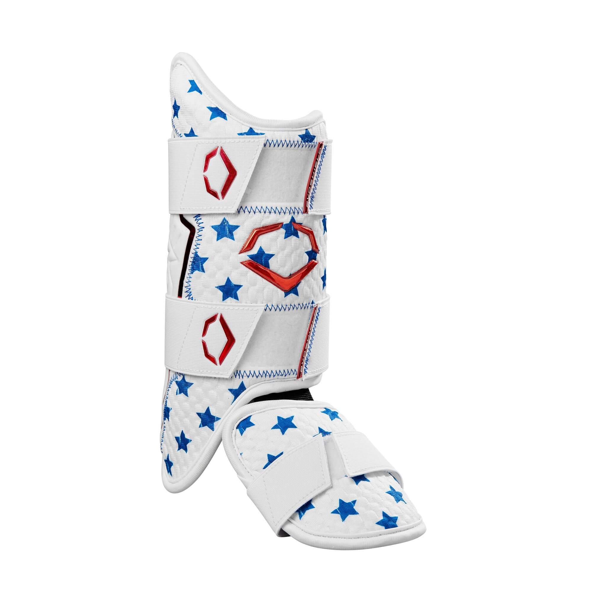 Evoshield X-SRZ Patriot Leg Guard in white, royal, and scarlet with star pattern and adjustable straps for optimal protection.