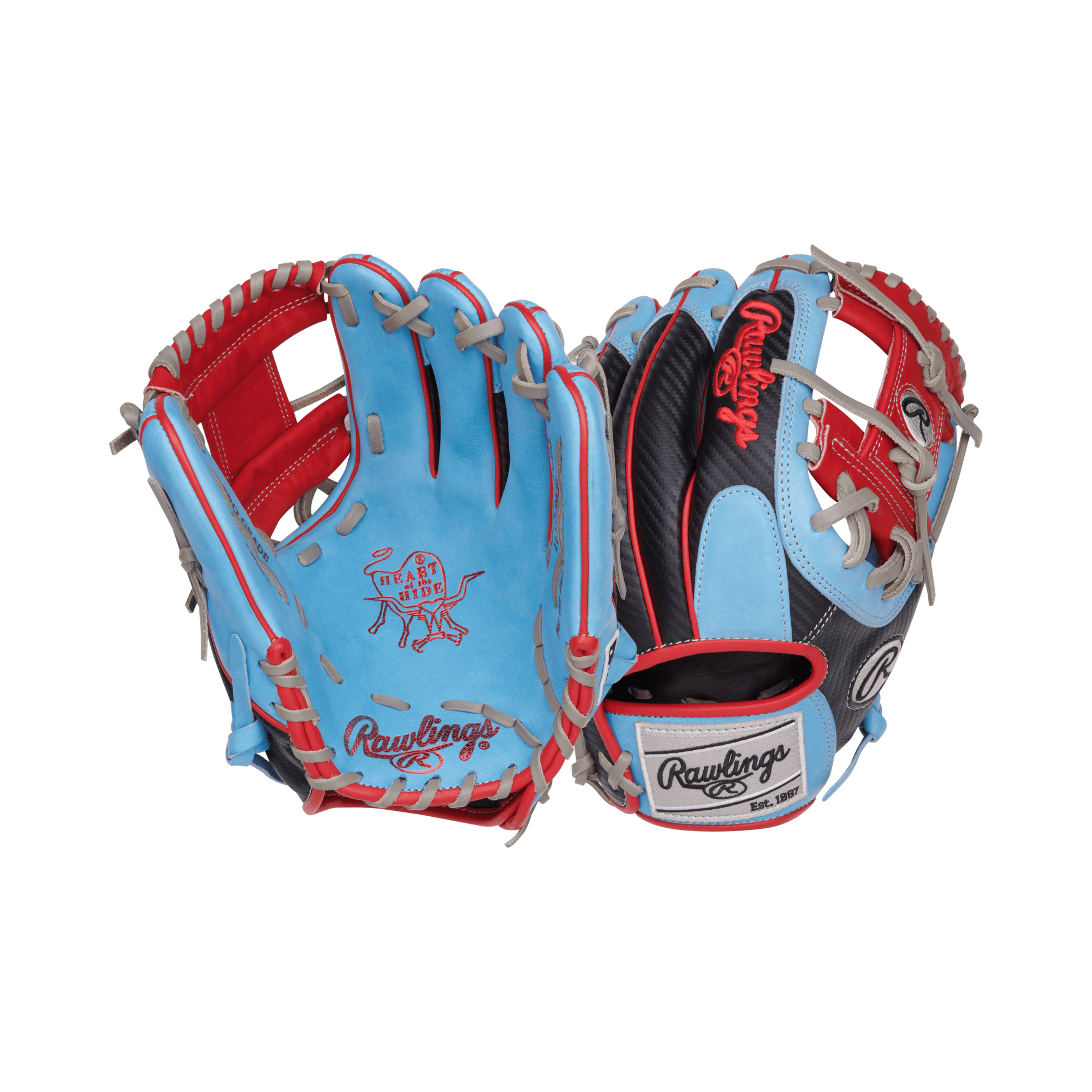 Rawlings Heart of the Hide 11.5” infield glove, Columbia blue leather with scarlet red web and binding.