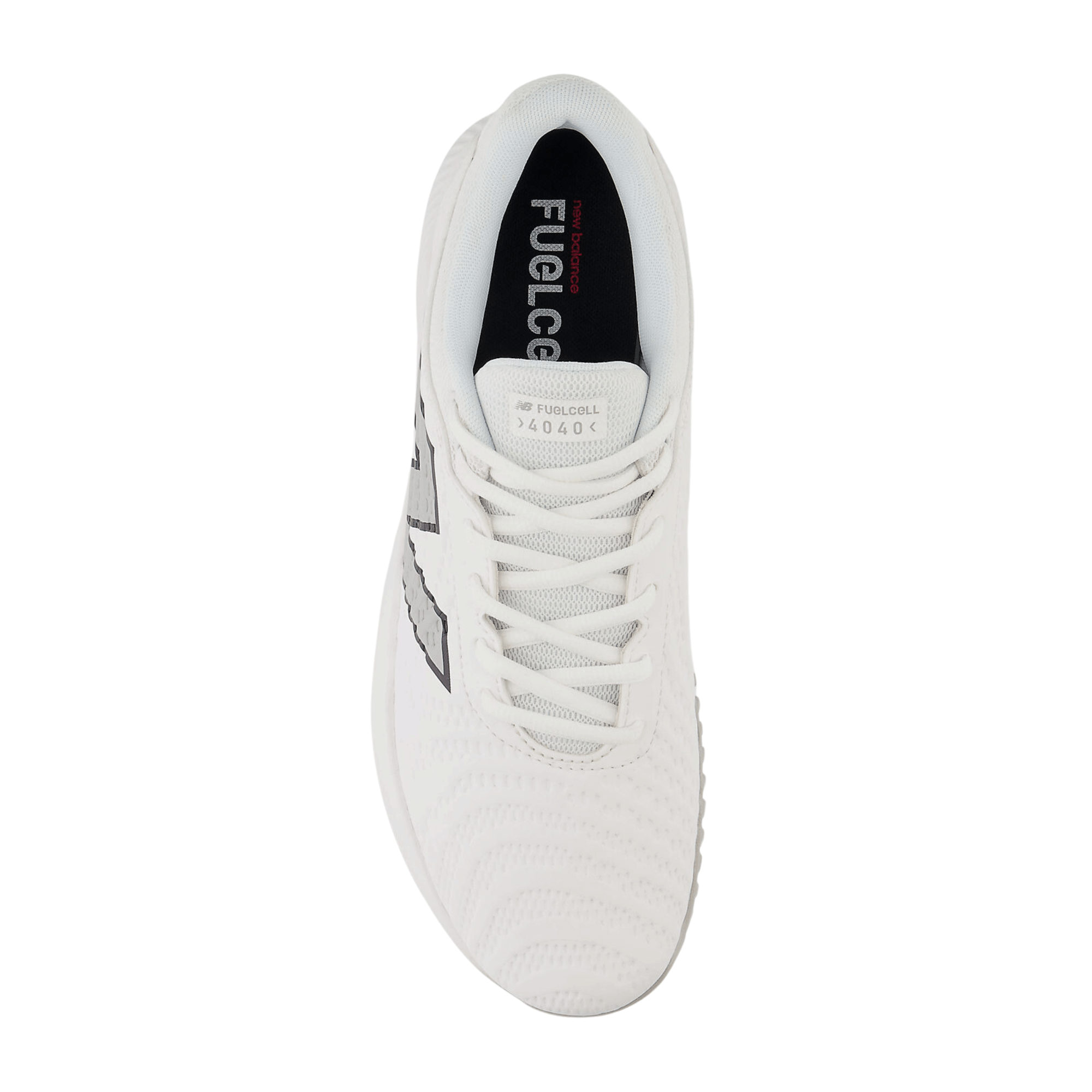 Top view of New Balance FuelCell 4040 v7 Turf Trainer in white, featuring a sleek design and breathable upper.