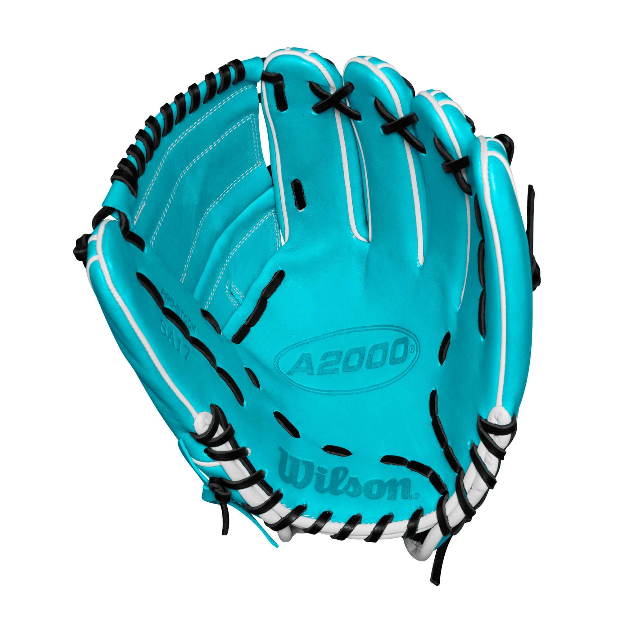 Wilson A2000 SA17 baseball glove in teal and white, 12-inch size, perfect for spring 2025 baseball seasons.