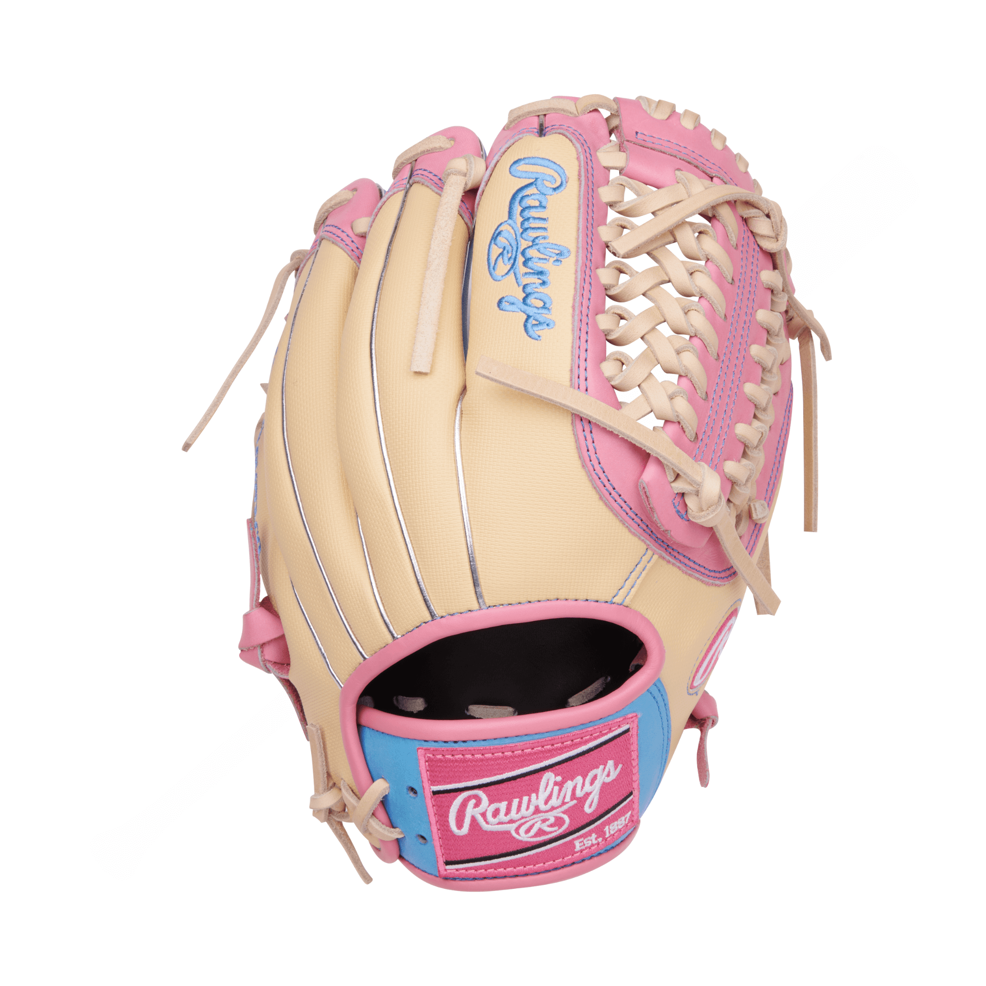 Back view of the Rawlings Gold Glove Club 11.75" with durable Camel Speed Shell and pink embroidered Rawlings patch