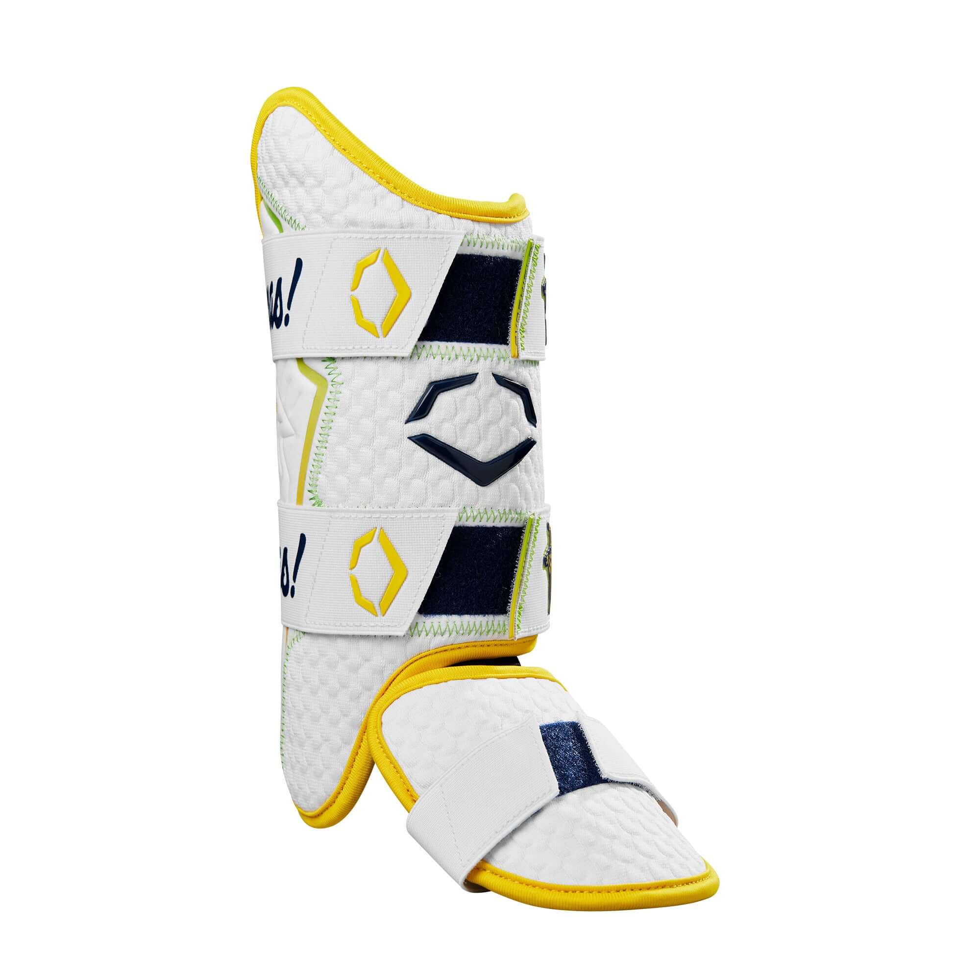 Evoshield X-SRZ Savannah Bananas leg guard in white and yellow, featuring Gel-to-Shell technology and adjustable straps.