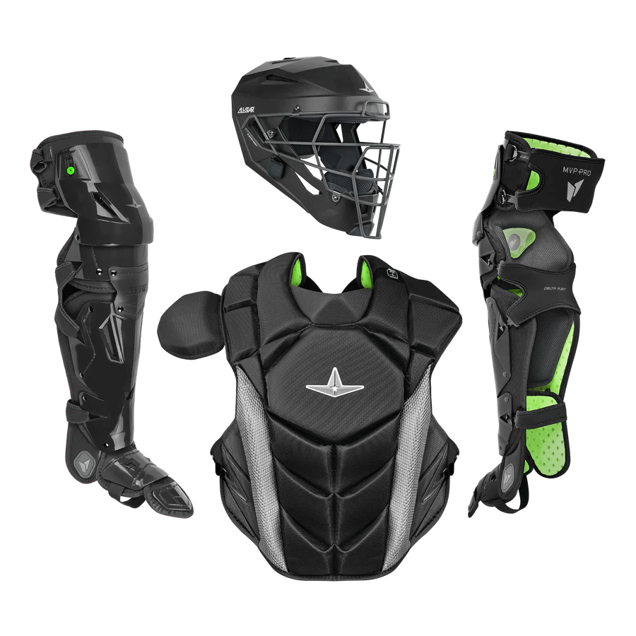 All-Star MVP-PRO™ Series Adult Catcher's Kit featuring helmet, chest protector, shin guards, and throat guard for maximum safety.