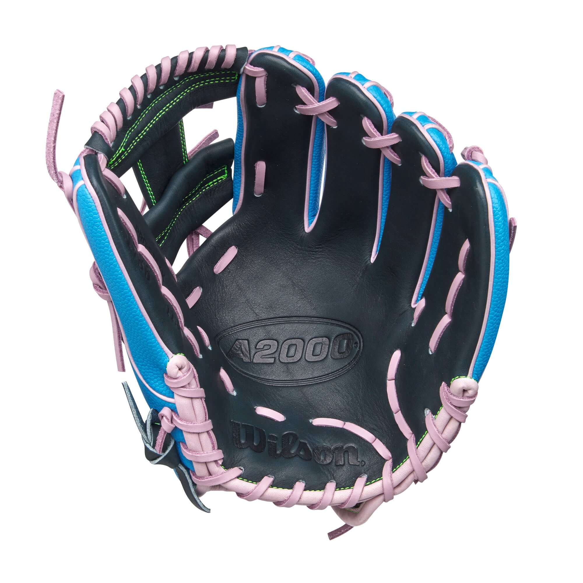 Palm perspective of Wilson A2000 1786SS 11.5" glove with H-Web and durable Navy Blue Pro Stock leather