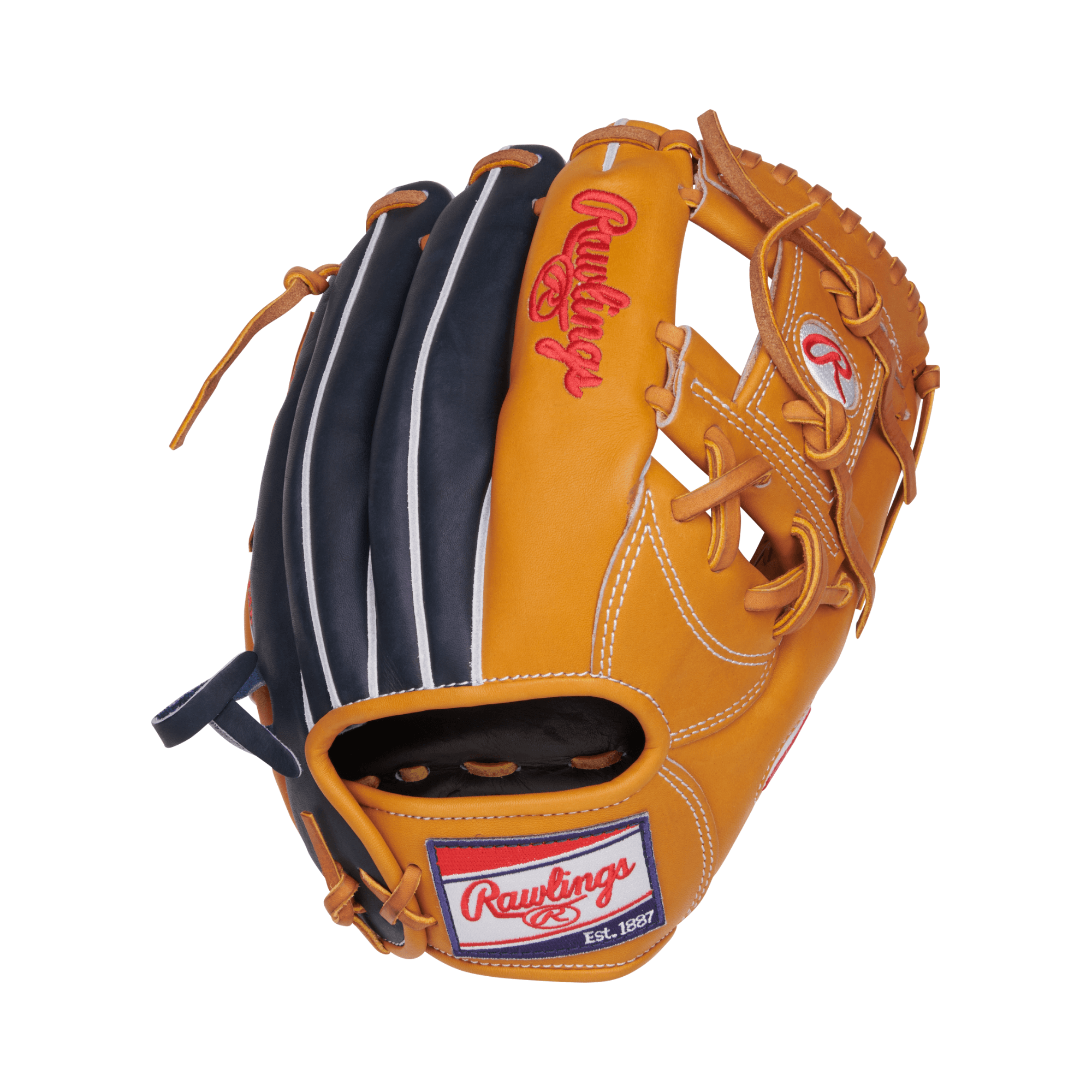 Rawlings Heart of the Hide Series 11.5" tan/navy baseball glove featuring durable leather for superior infield performance.