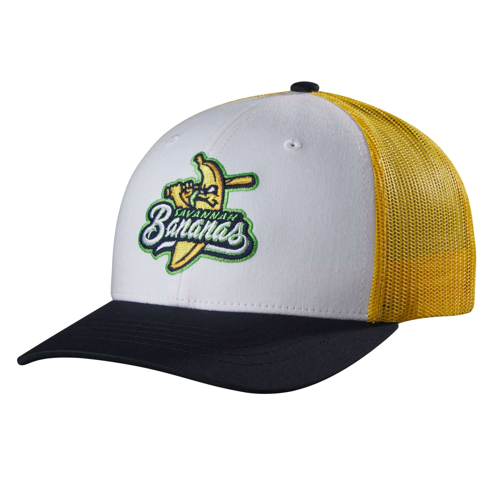 Evoshield Bananas 112 Trucker Snapback in tricolor design with logo, perfect for sports enthusiasts and stylish comfort.