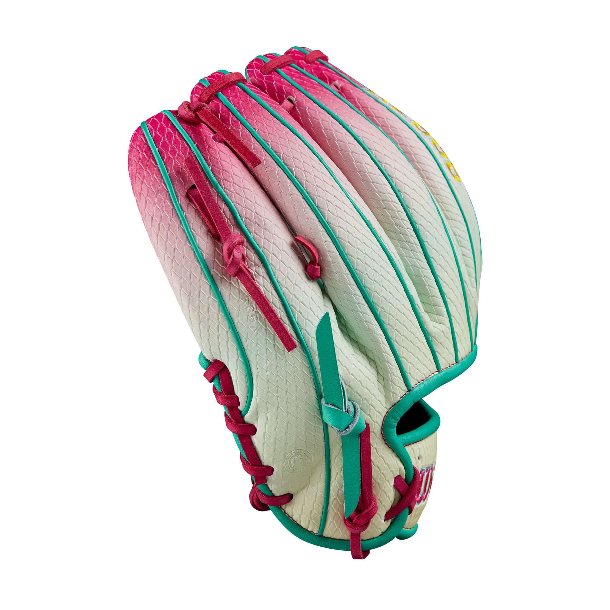 Wilson A2000 1975 glove in Pink to Seafoam gradient with SuperSnakeSkin™, custom design for summer play.