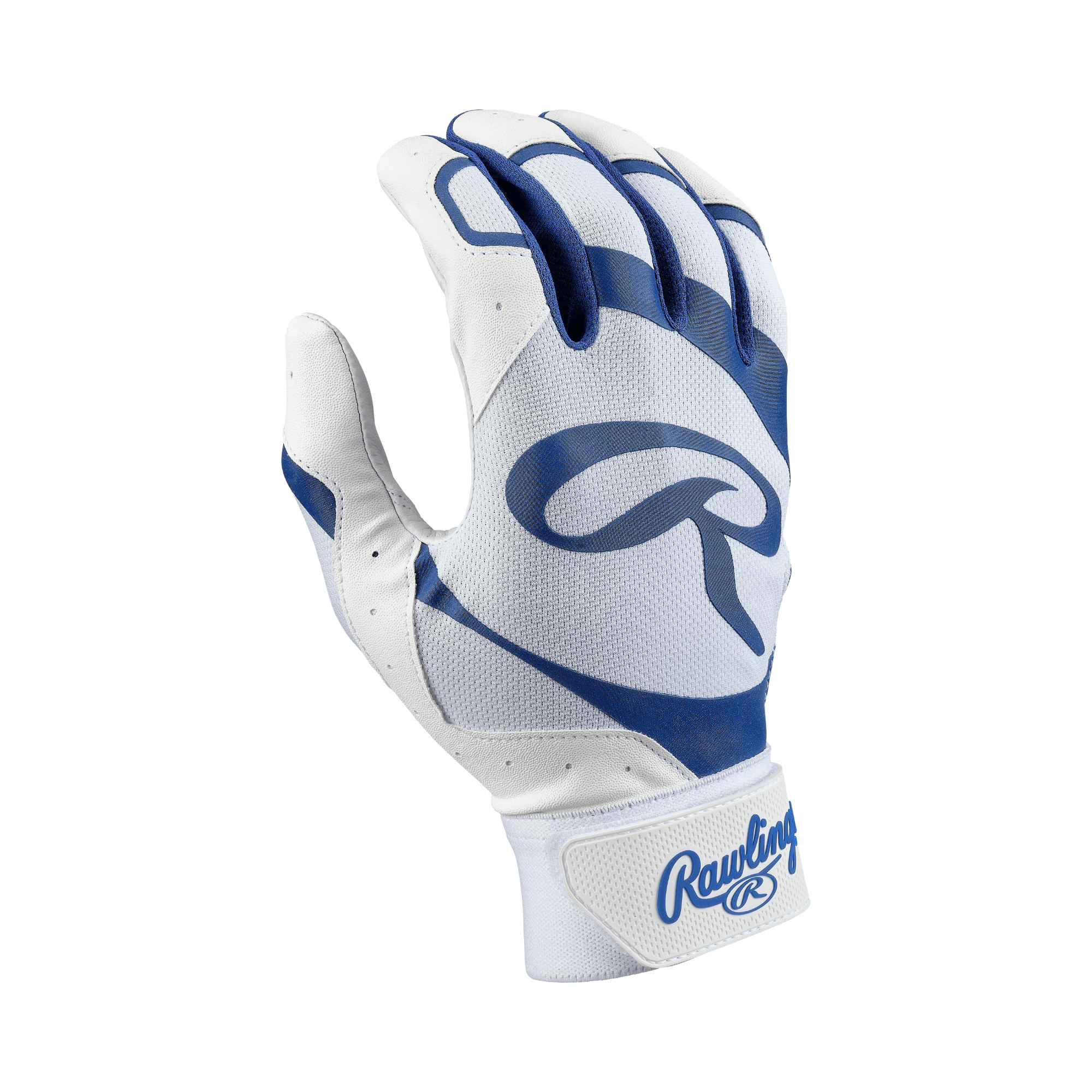 Rawlings Adult 5150 II Batting Gloves White/Navy with goatskin leather palm for secure grip.