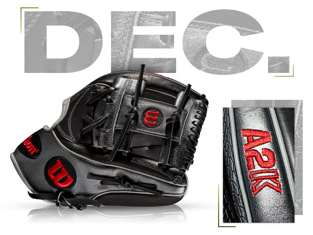 Custom Wilson A2K 1787 glove for December 2019, showcasing premium black leather and distinctive red stitching.