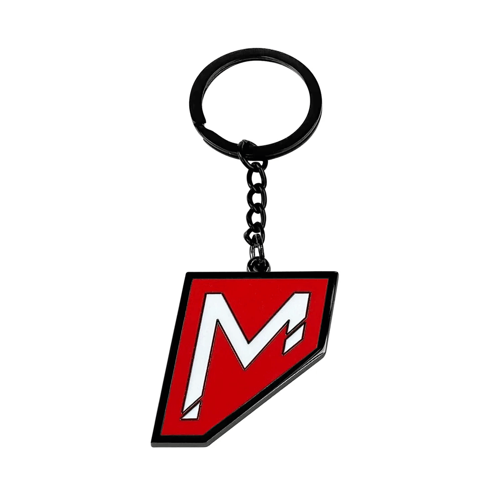 Momentum Keychain featuring a sleek red enamel design on a sturdy metal keyring, ideal for key organization.