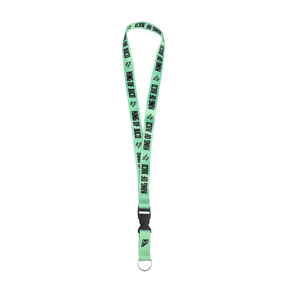 King of Juco lanyard in mint green, featuring durable polyester, breakaway buckle, and stylish design for carrying essentials.