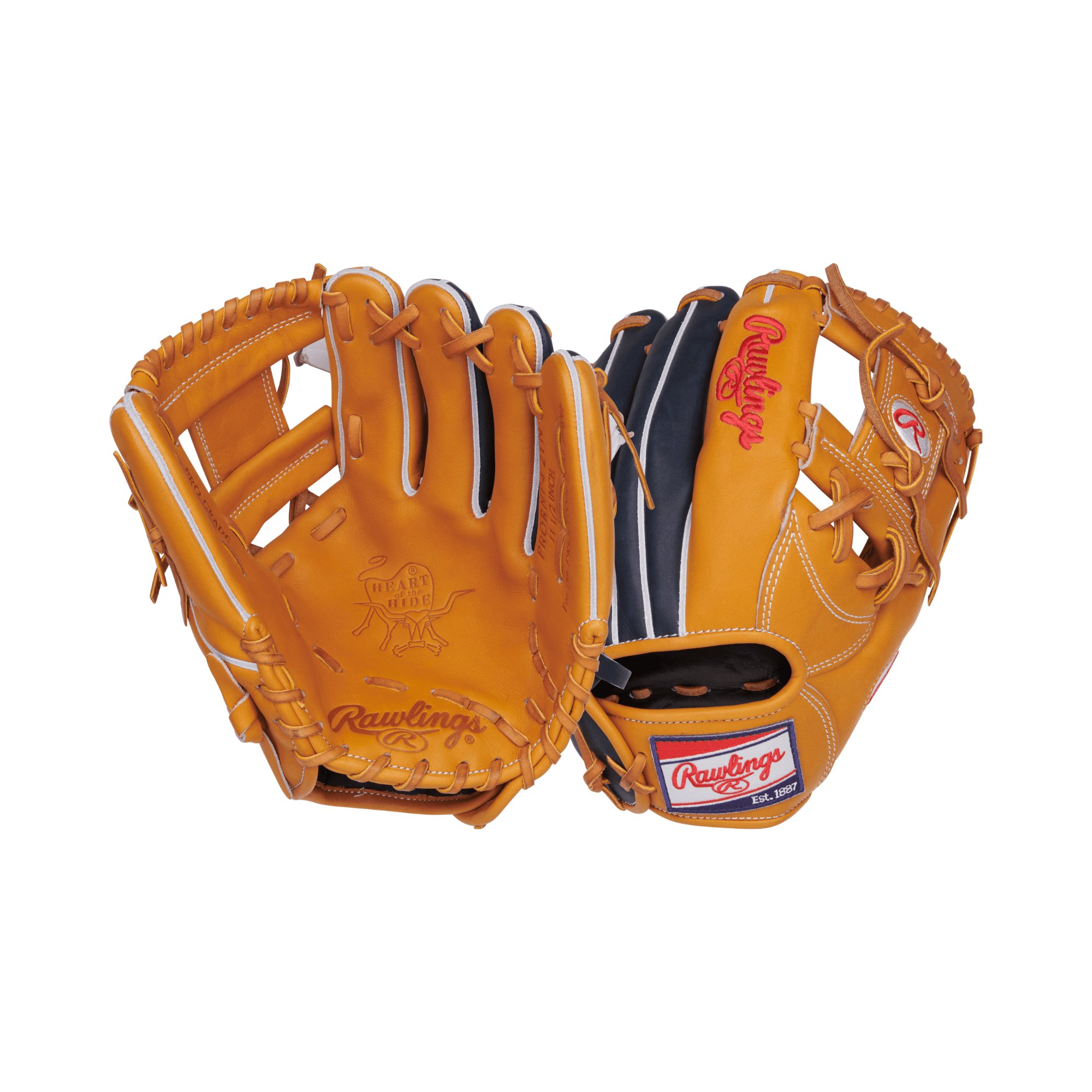 Rawlings Heart of the Hide 11.5-inch tan and navy baseball glove for infielders