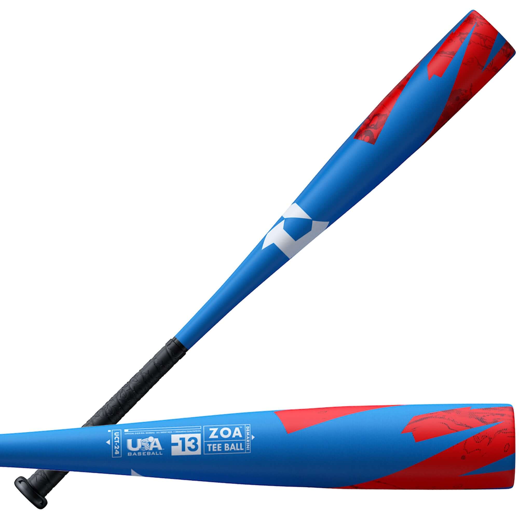 DeMarini Zoa T-Ball Bat 2024 in blue and red with a lightweight design for young players, featuring TP Composite materials.