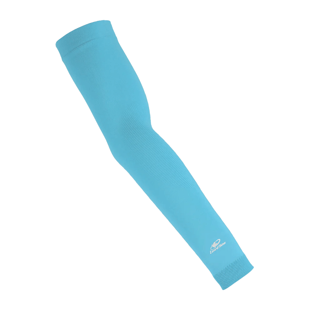 Lizard Skins Knit Arm Sleeve in baby blue, made of nylon and spandex for compression fit and breathability.