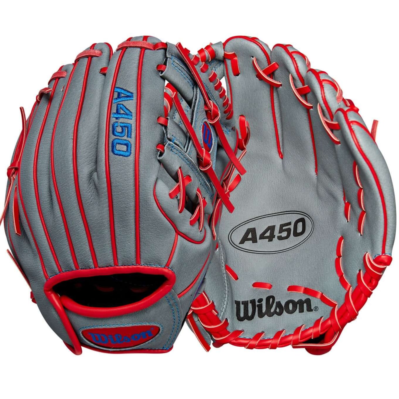 Wilson 2024 A450 Youth Infield Glove in Grey and Red, featuring iconic H-Web design and lightweight construction.