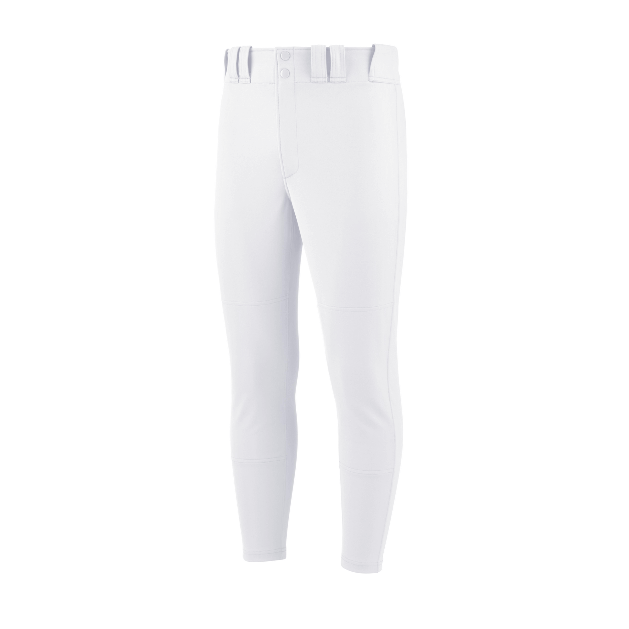 Mizuno Youth Premier Tapered Tweener Pant in white, featuring tapered fit, dual-layer knees, and belt loops.