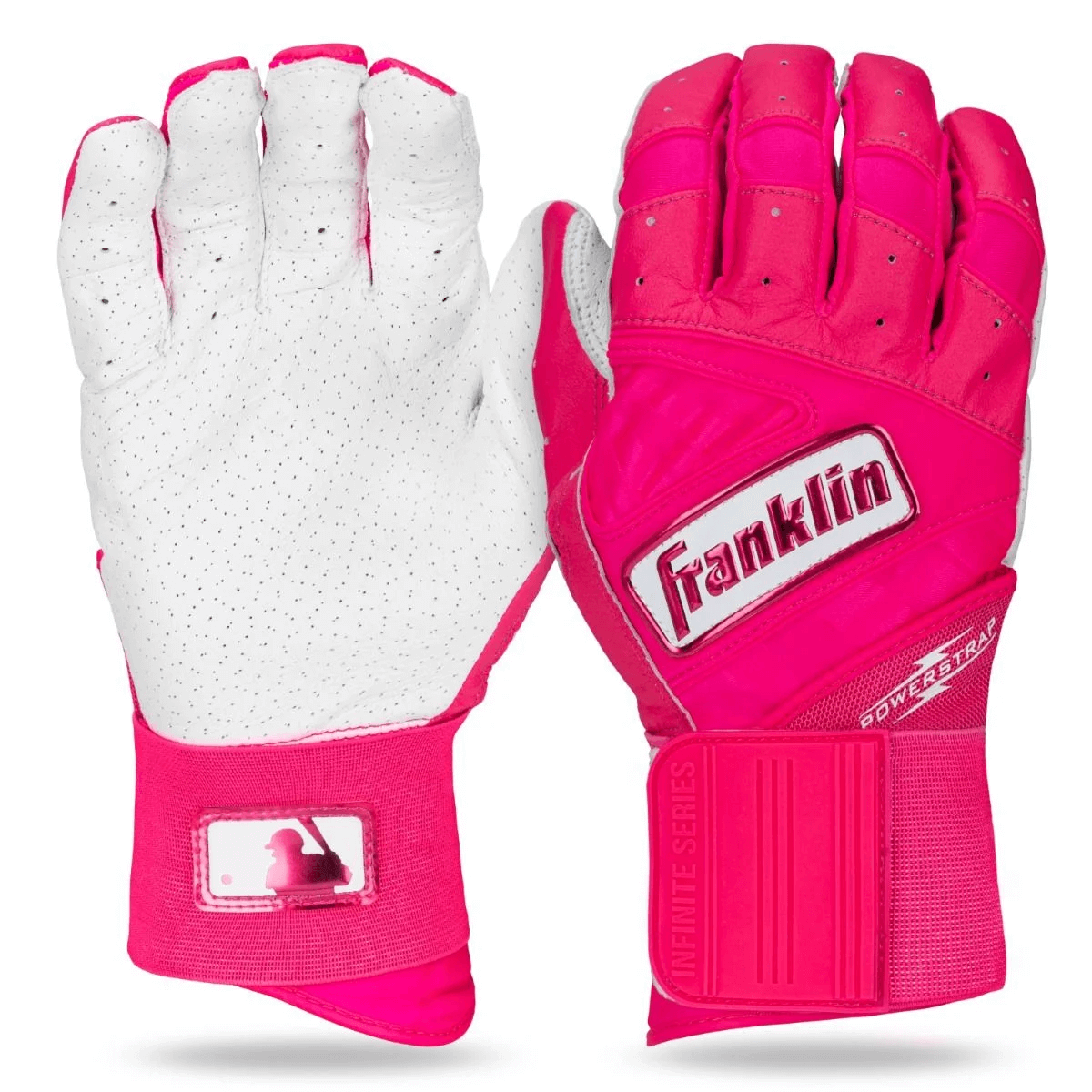 Franklin PowerStrap Infinite Series Adult Pink batting gloves with innovative design for support and durability.