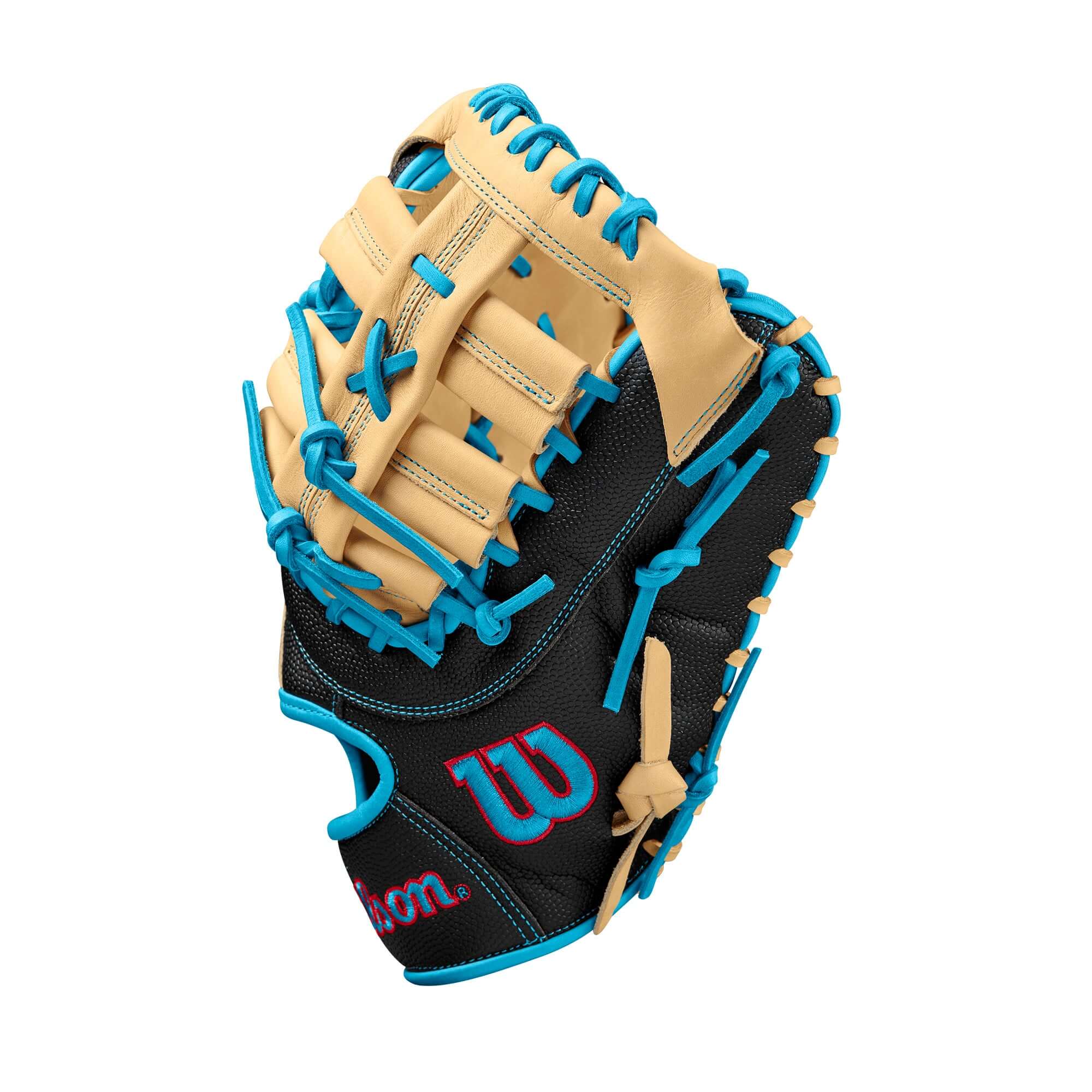 Wilson Fall 2024 A2000 1679SS Baseball First Base Mitt in Black and Sky Blue, 12.5" with Single Post Web and Blonde Pro Stock Leather Palm