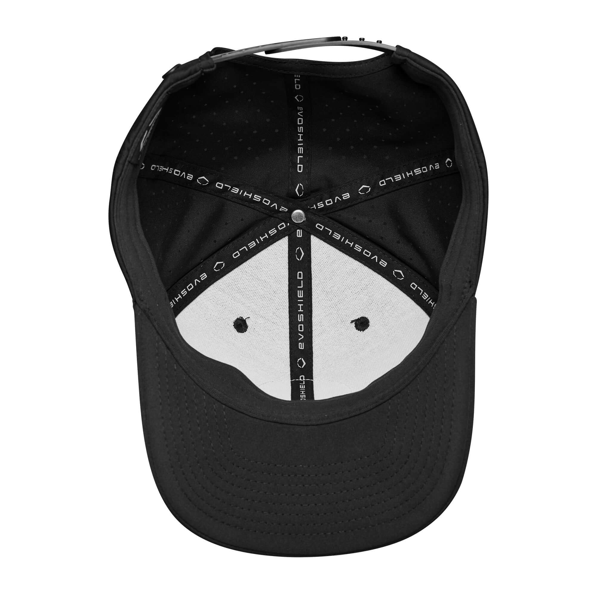 Inside view of the EvoShield Always All In Snapback cap, featuring a black design and logo detail for a stylish fit.