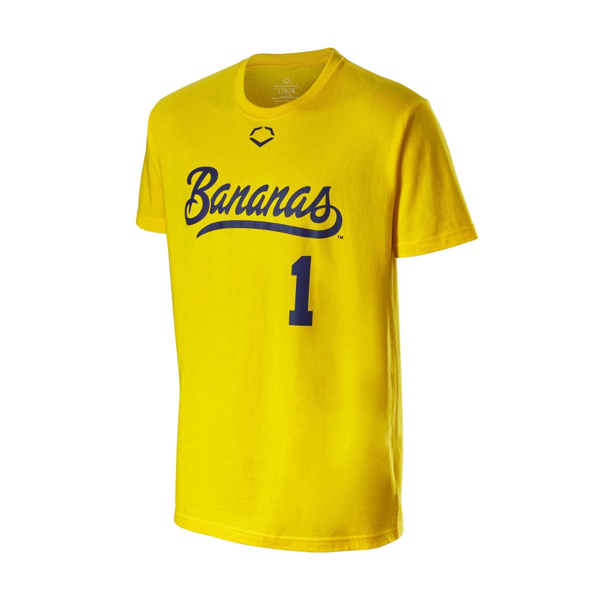 Evoshield Adult Bananas RS Cotton Tee in bold yellow with playful design and number 1, ideal for comfort and style.