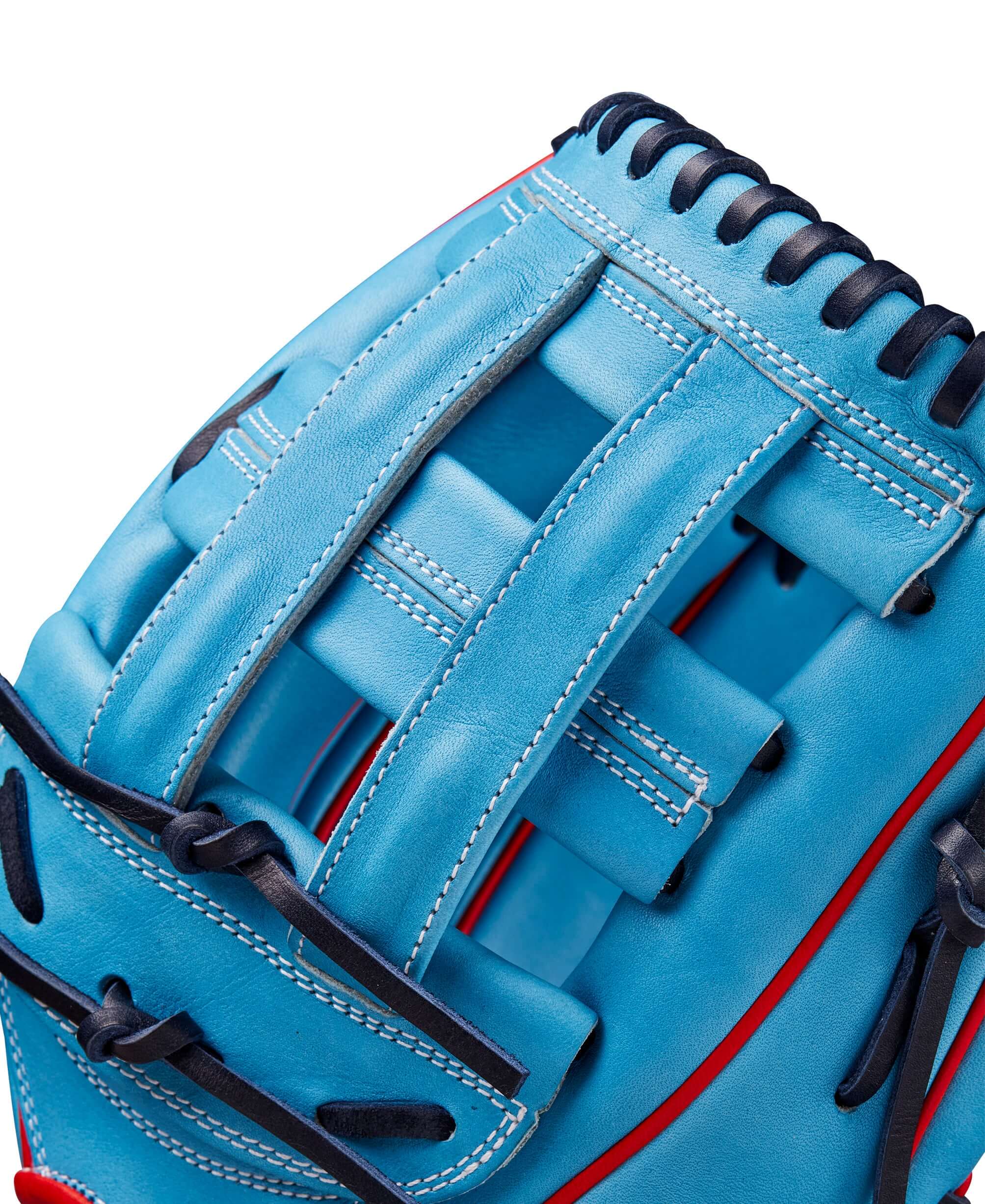 Wilson A2000 1750 Outfield Glove, Sky Blue/Red, 12.5, Pro Stock Leather, Dual Post Web, Right-Hand Throw