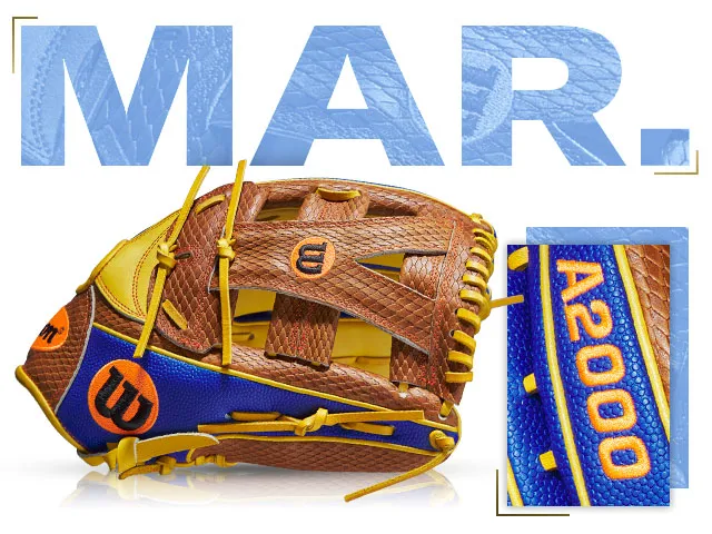 Wilson A2000 glove featuring Lourdes Gurriel Jr. design, showcased in vibrant blue and yellow with 'MAR.' text.