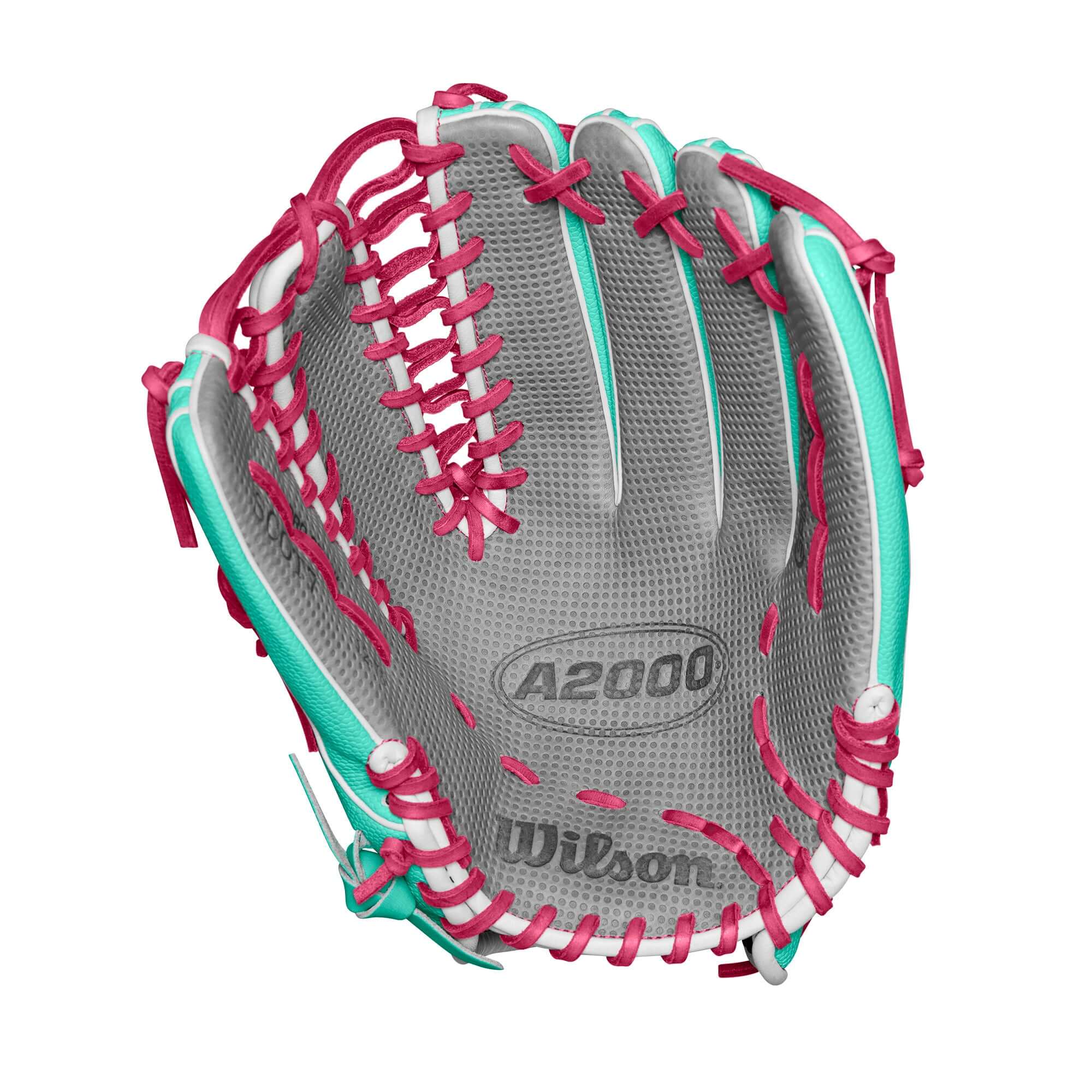 Wilson A2000 SCOT7SS glove in seafoam, white, and flamingo pink, showcasing its lightweight design and secure grip.