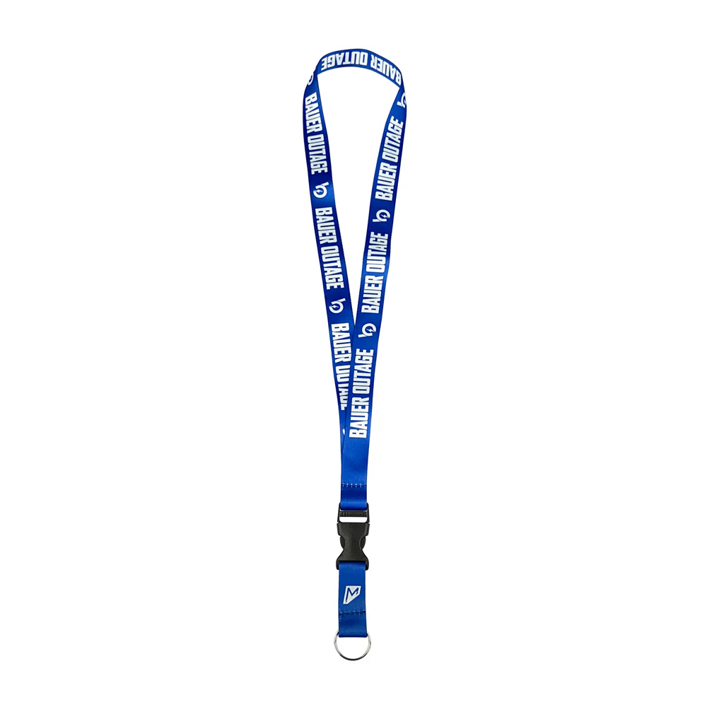 Bauer Outage lanyard in blue, featuring breakaway buckle and keyring for holding essentials. Perfect fan accessory.