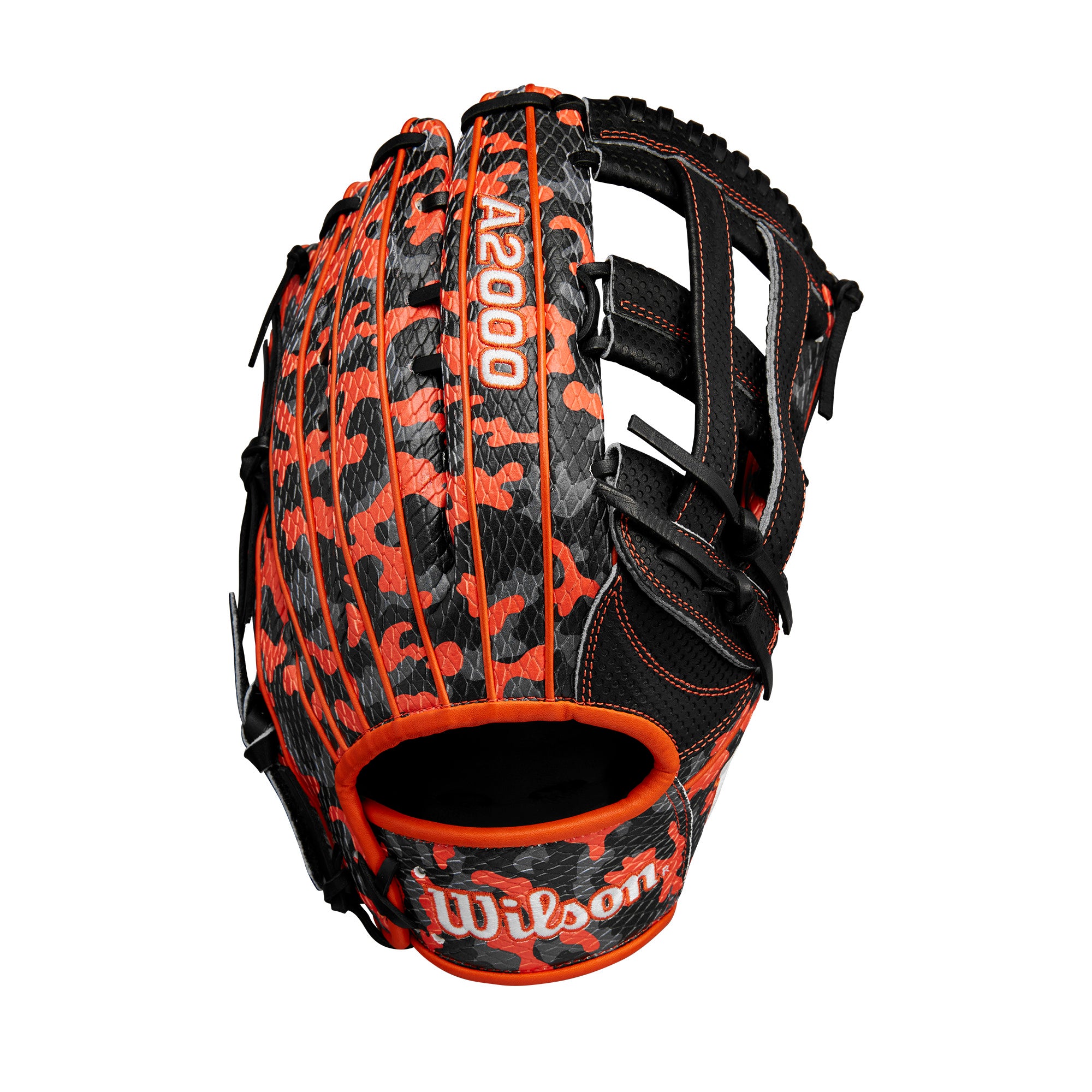 Wilson A2000 1777 glove in orange, black, and grey camouflage, showcasing Spin Control Technology and a 12.75" size.