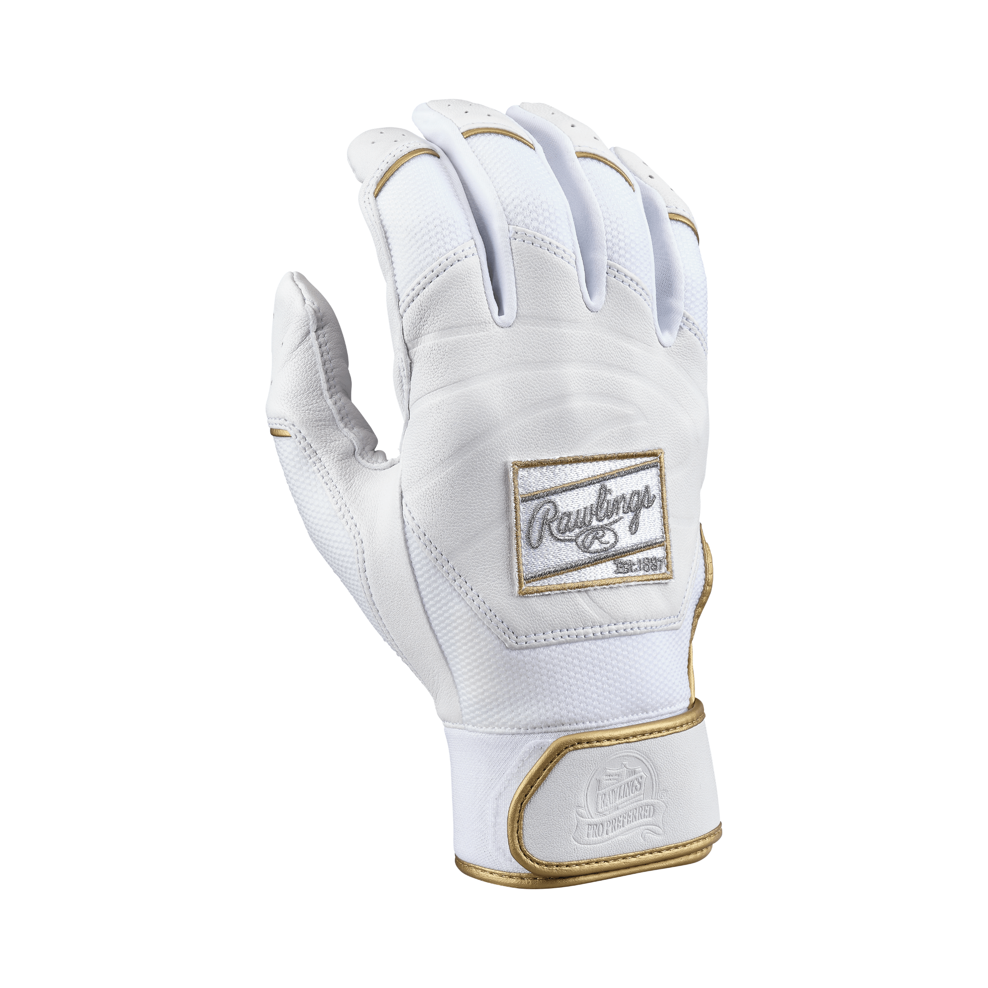 Rawlings Adult Pro Preferred Batting Gloves in White/White, featuring smooth leather for optimal performance and comfort.