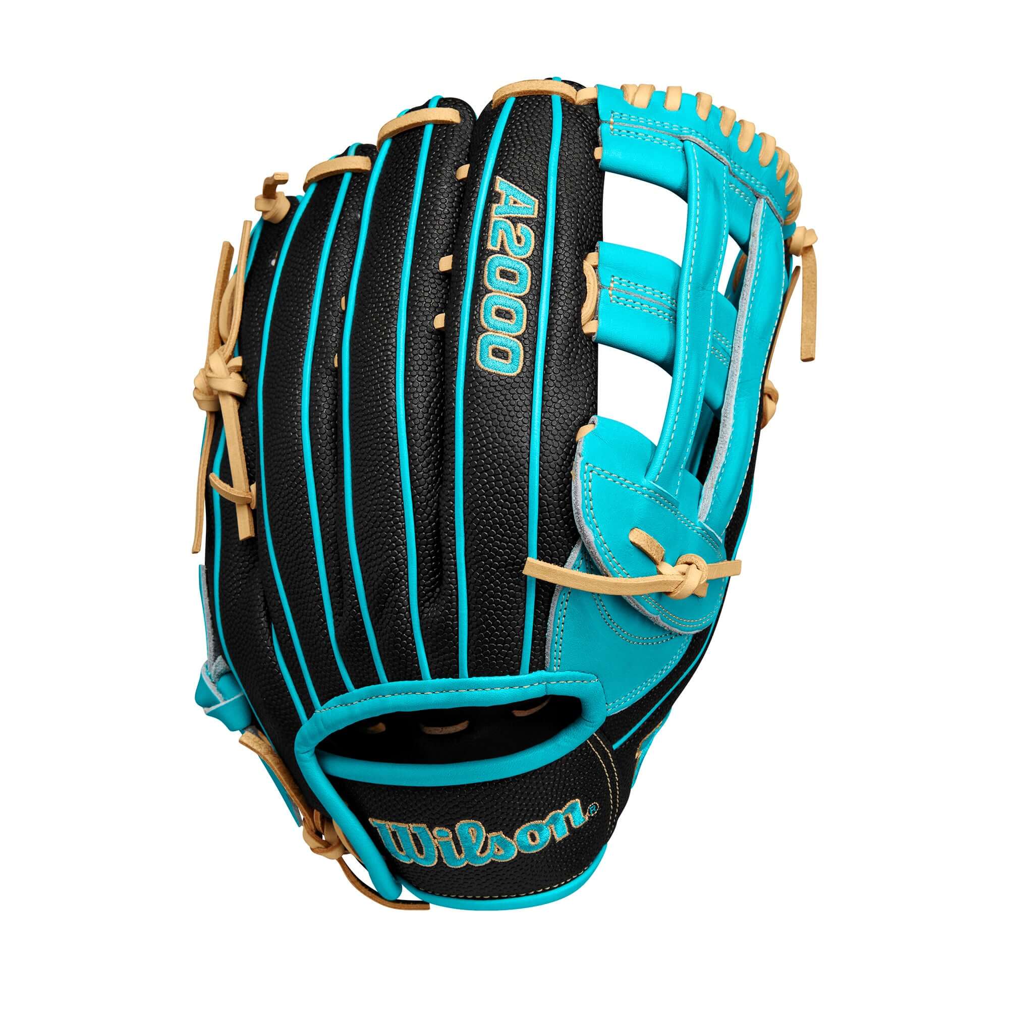 Wilson Fall 2024 A2000 PF50SS outfield baseball glove in black and teal, 12.25 inches, featuring Pedroia Fit Technology and Black SuperSkin™.