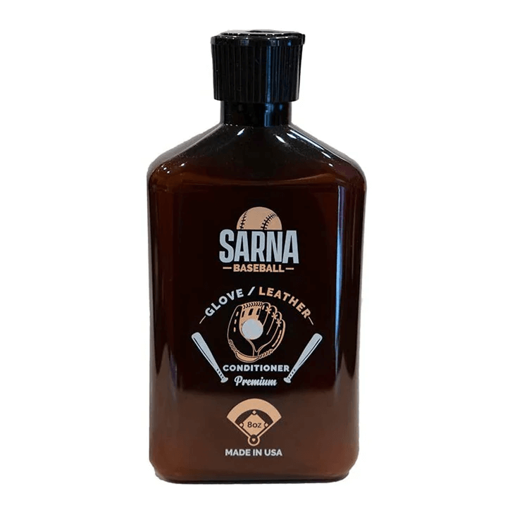 Sarna Glove Leather Conditioner bottle for maintaining leather ball gloves, 8 oz size, made in the USA.