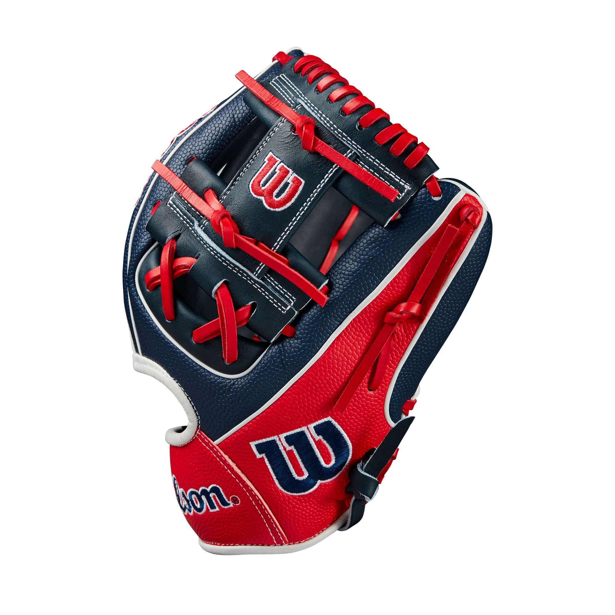 Wilson A2000 1786 glove July 2024 in navy and red with shallow pocket design for quick turns at base positions.