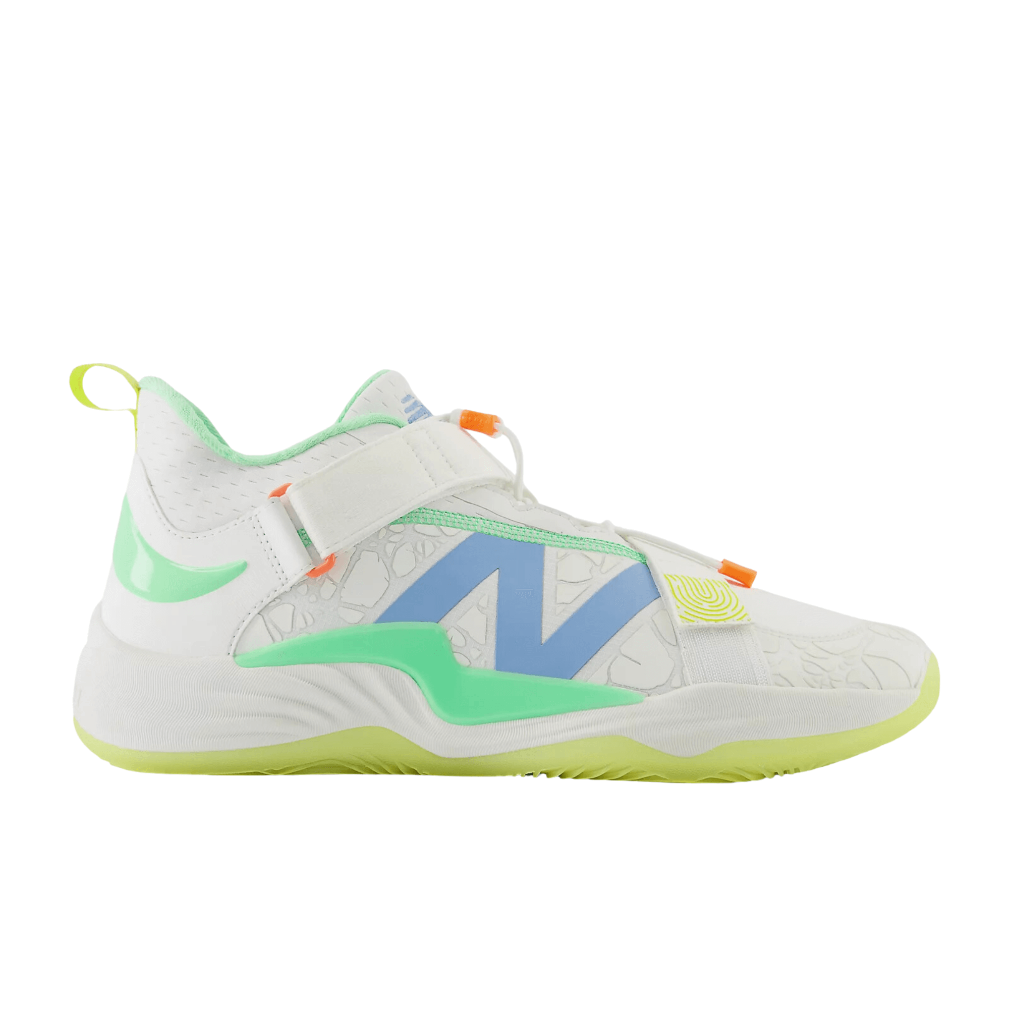 New Balance FuelCell Lindor 2 Pre-Game turf trainer in optic white with blue and green accents, featuring speedlace and hook-and-loop straps.