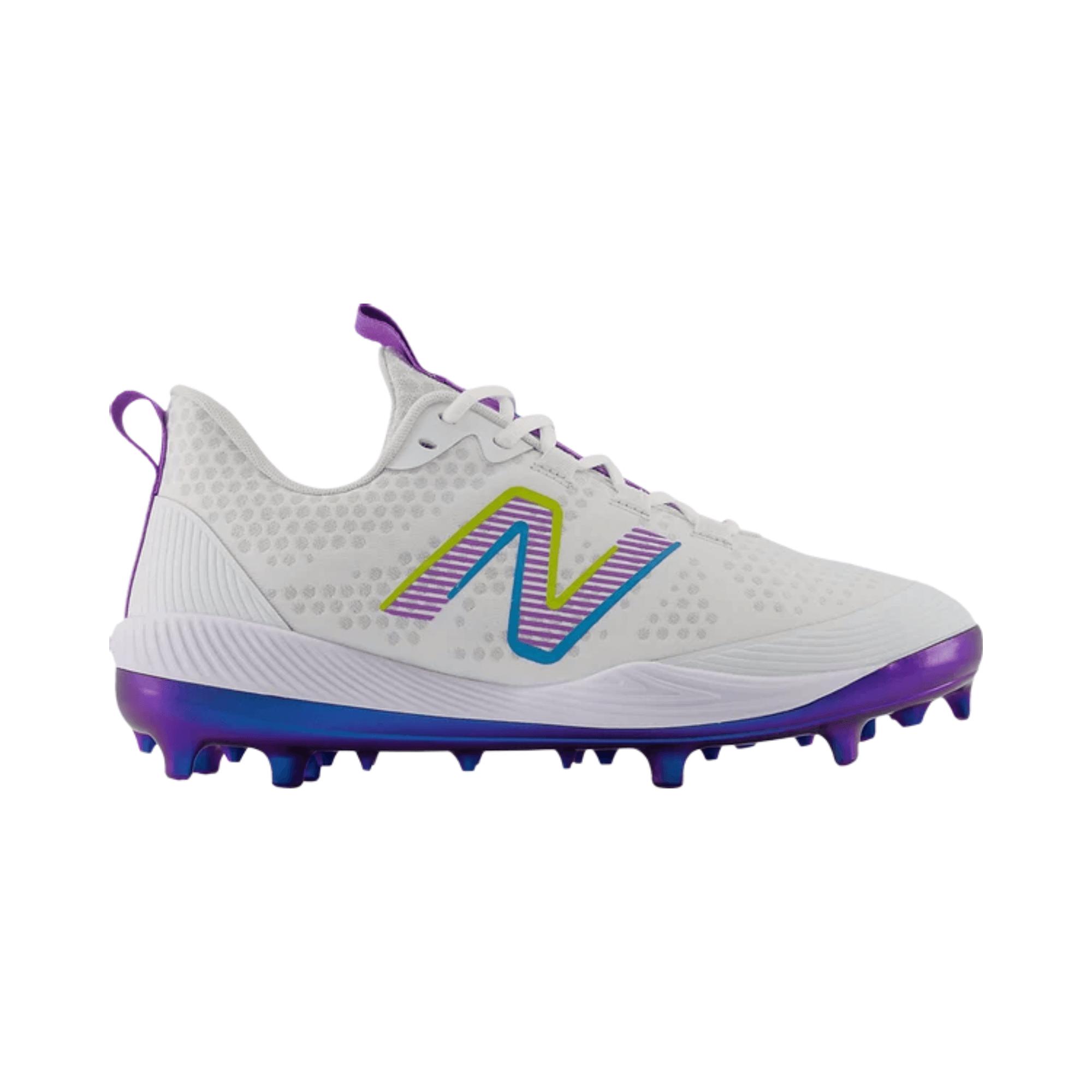 New Balance FuelCell COMPv3 Unity of Sport baseball cleats in white and purple, featuring lightweight design and molded traction.