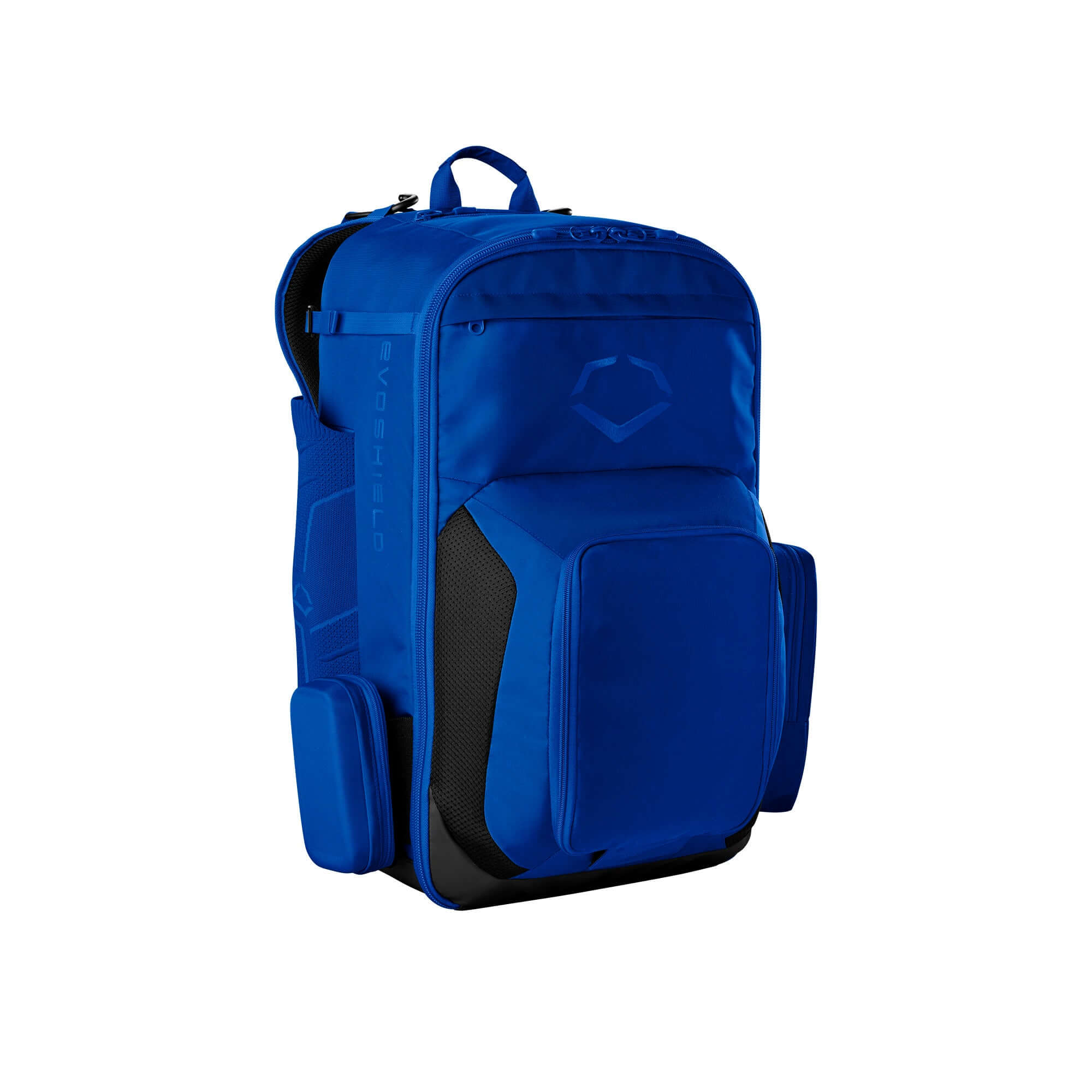 EvoShield Takeover Backpack in blue, designed for storing sports equipment with multiple compartments and ventilated shoe pocket.