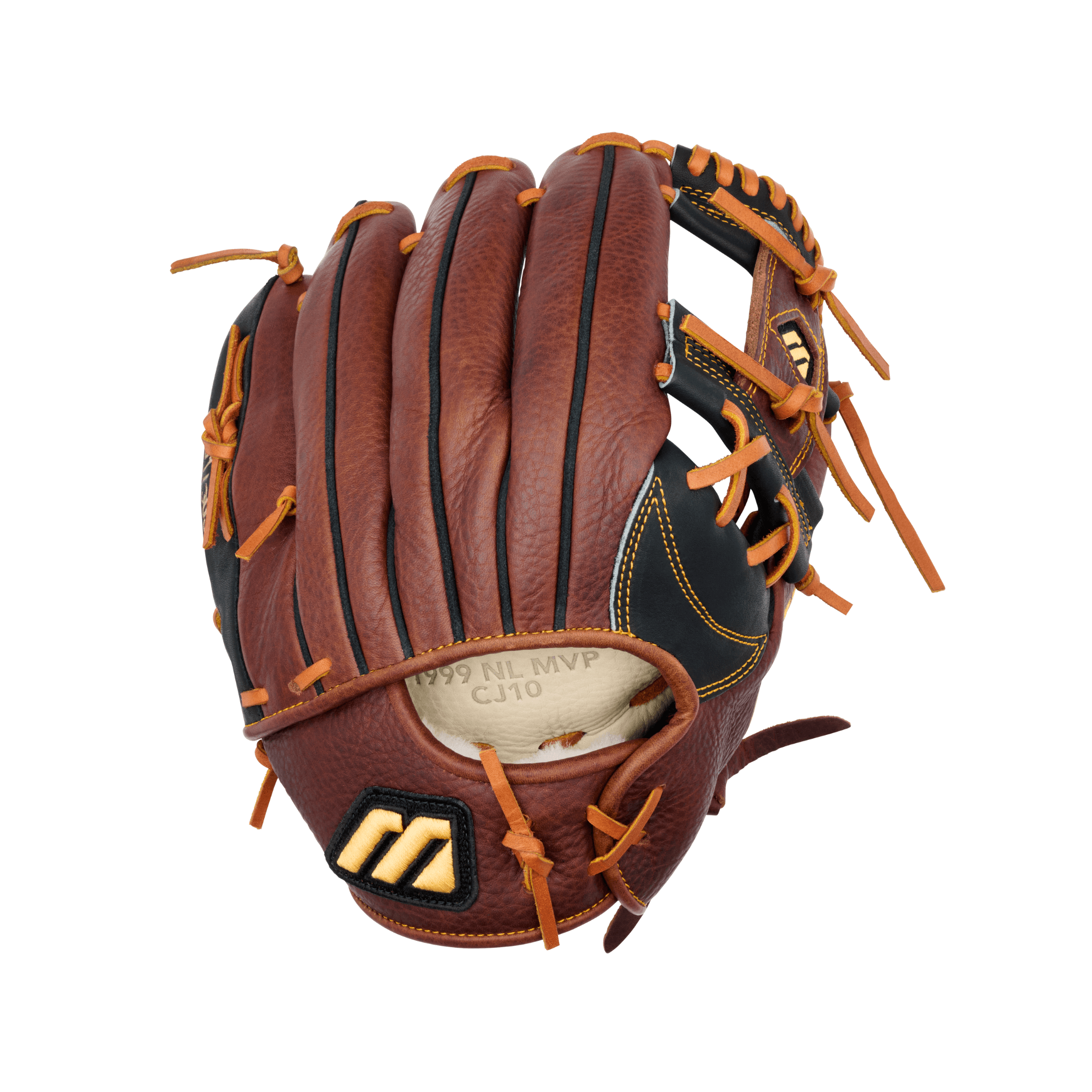 Mizuno MCL-5001 Chipper Jones 99 NL MVP commemorative baseball glove in brown and black with orange laces.