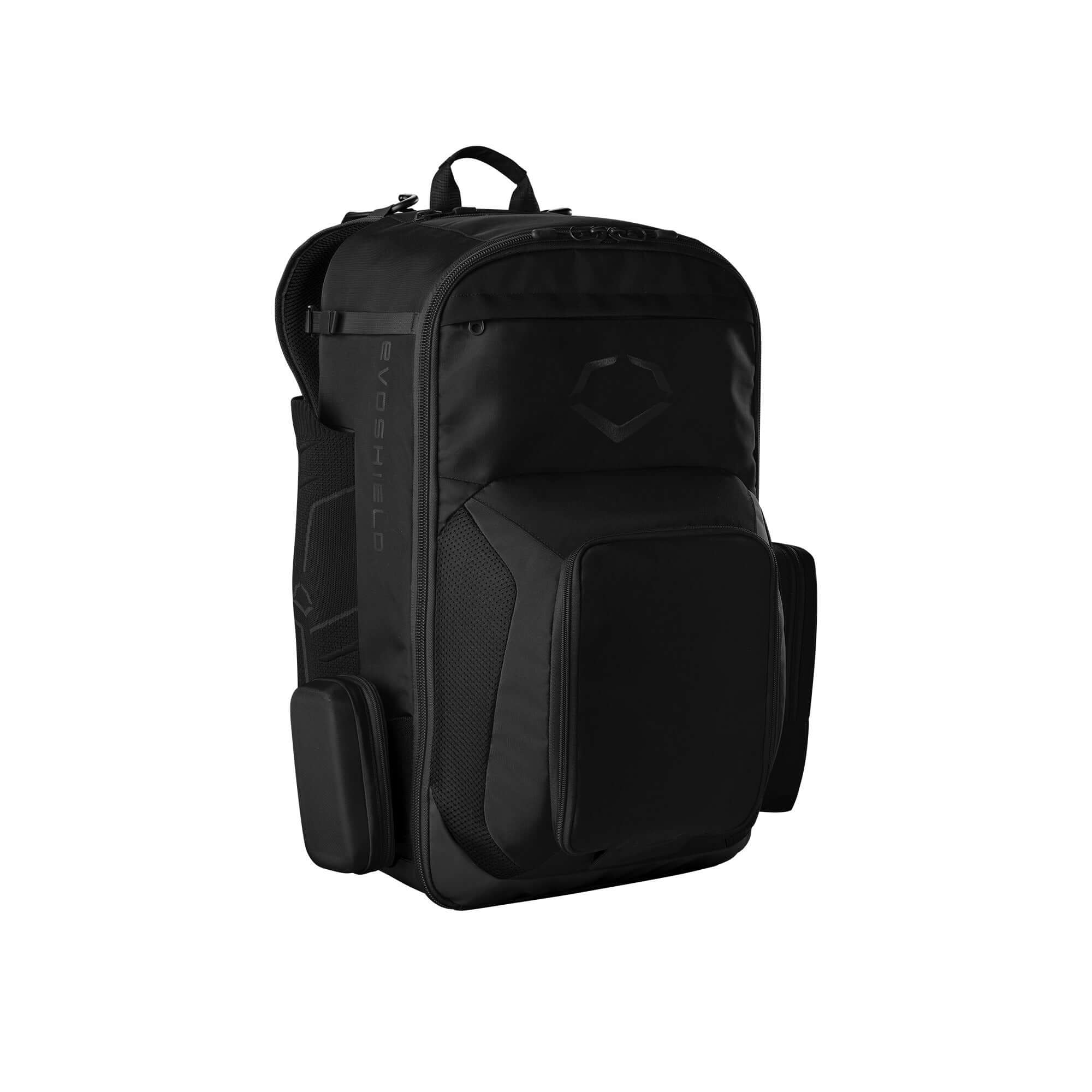 EvoShield Takeover Backpack in black, designed for sports equipment storage and convenience on game days.