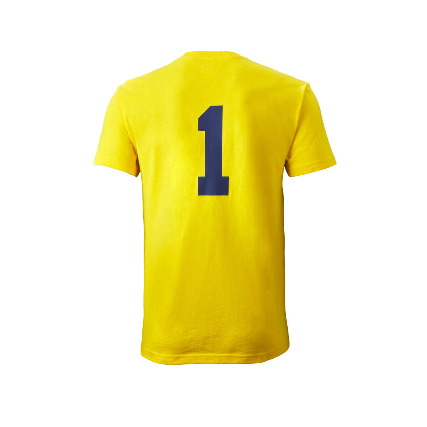 Back view of Evoshield Youth Bananas RS Cotton Tee in yellow featuring a large blue number one.