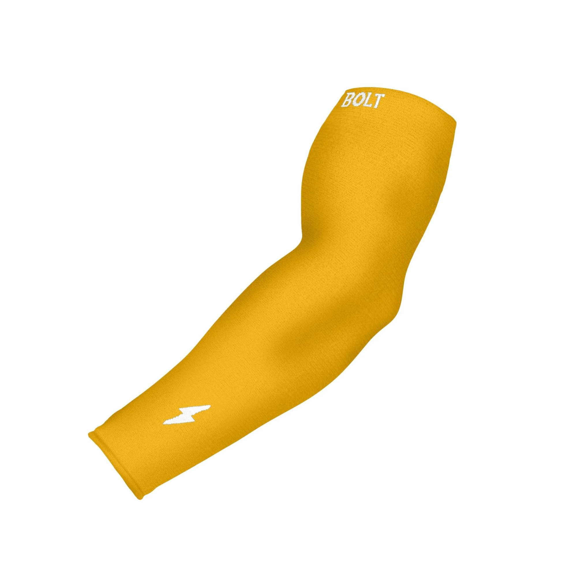 Bruce Bolt yellow graduated compression arm sleeve for increased blood flow and muscle support during sports.