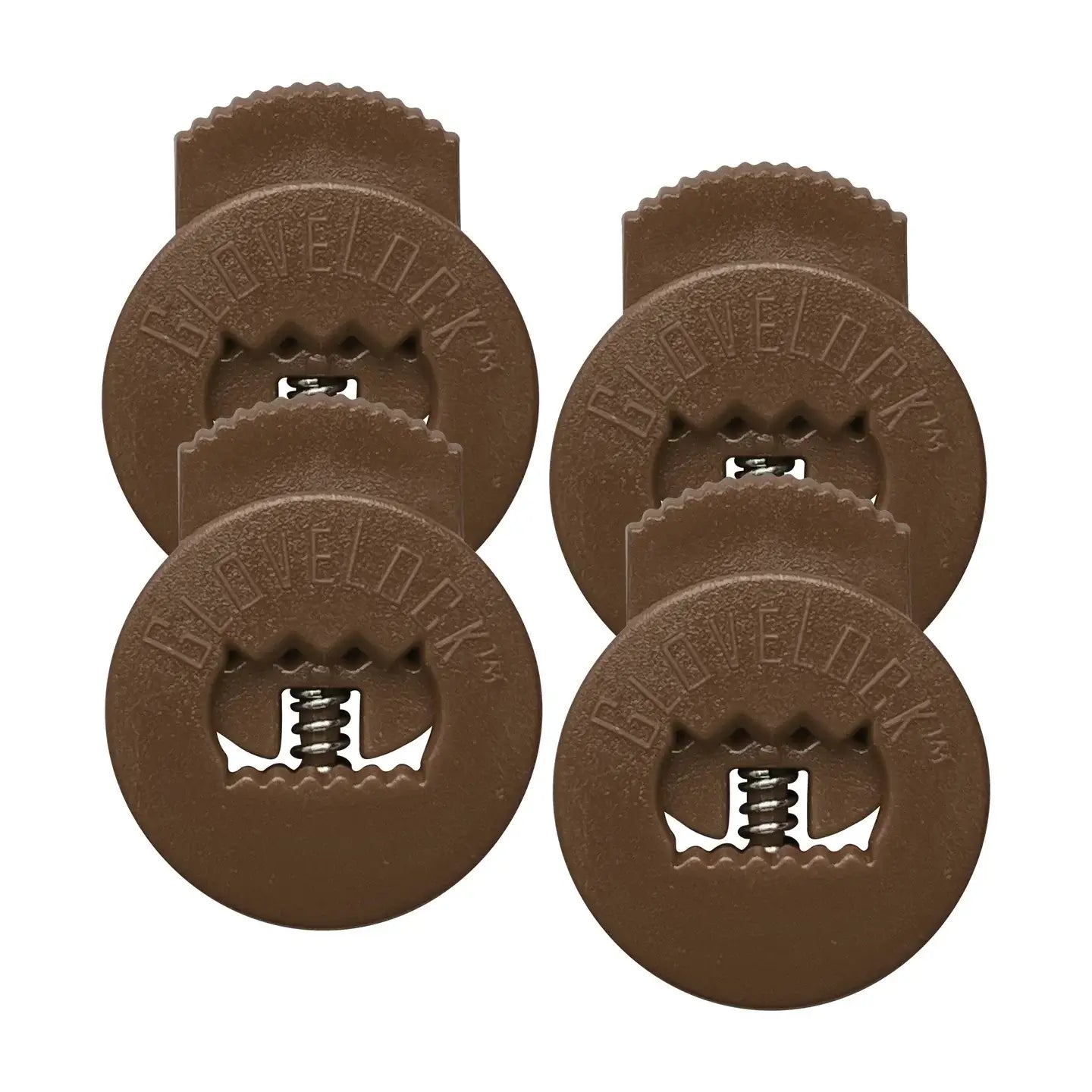 All-Star Glovelocks 4 Pack Lace Clips for glove security, brown design with locking mechanism, prevent loosening during games.