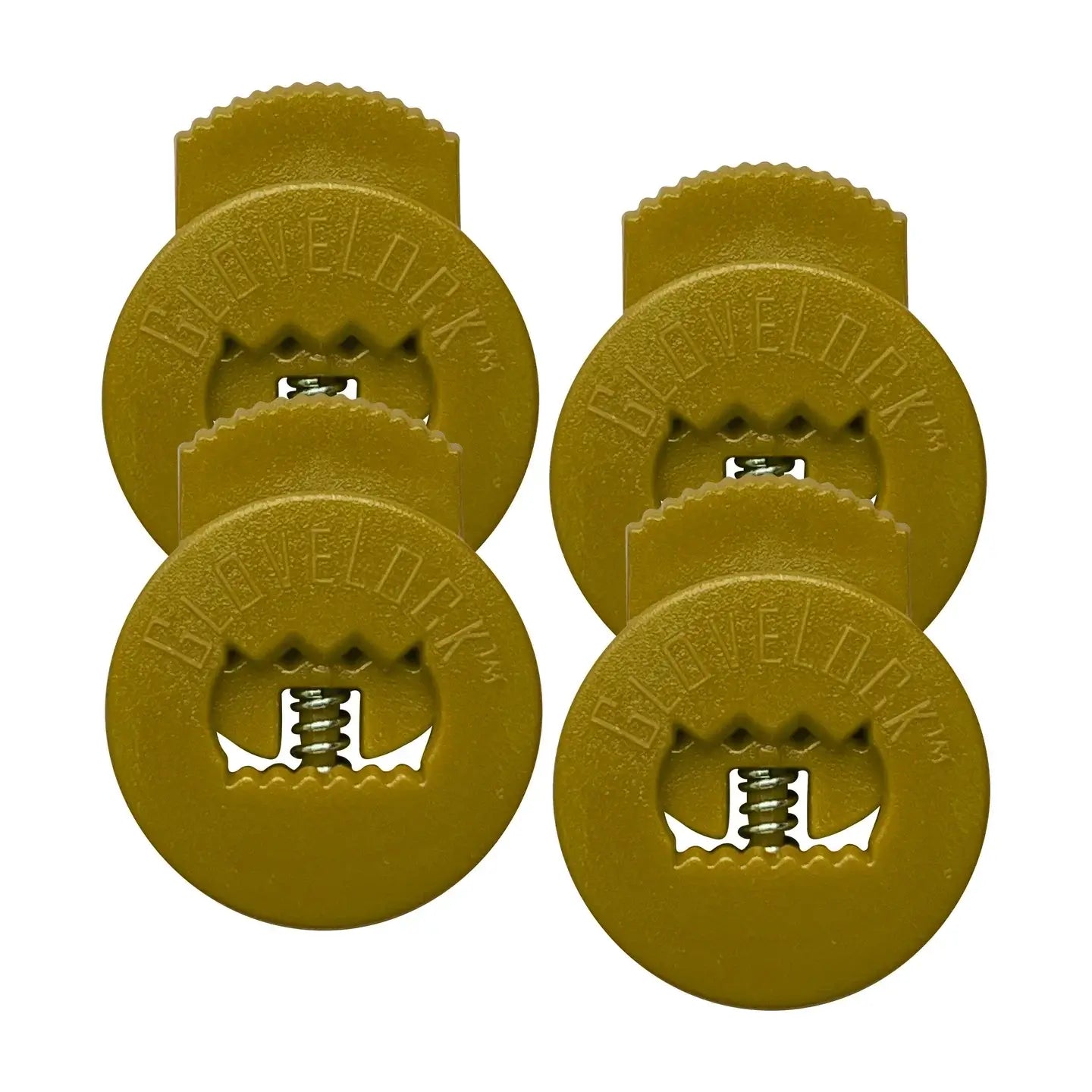 GloveLock 4 Pack Lace Clips in gold, designed to secure gloves with thumb and pinkie laces, maintain control and prevent loosening.