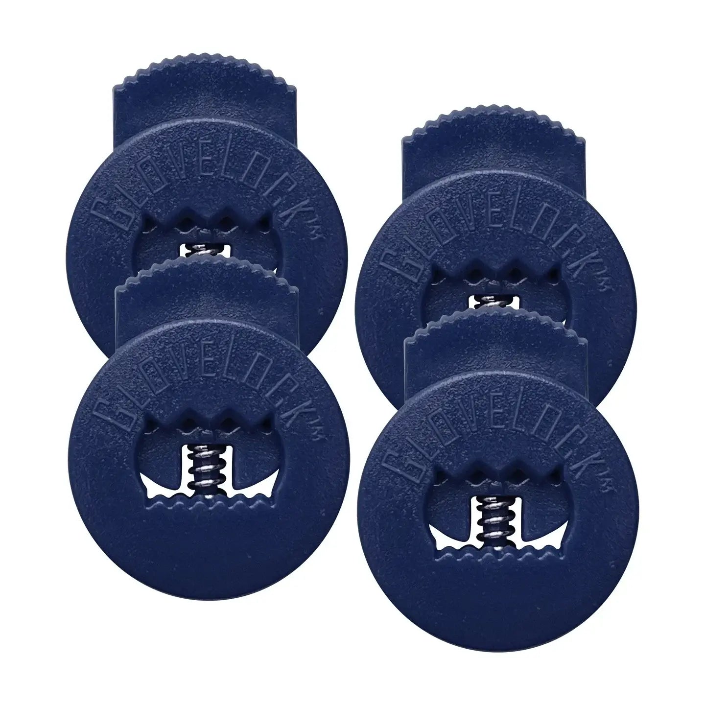 Glovelocks 4 Pack Lace Clips in navy color, designed to secure gloves and enhance grip during play.