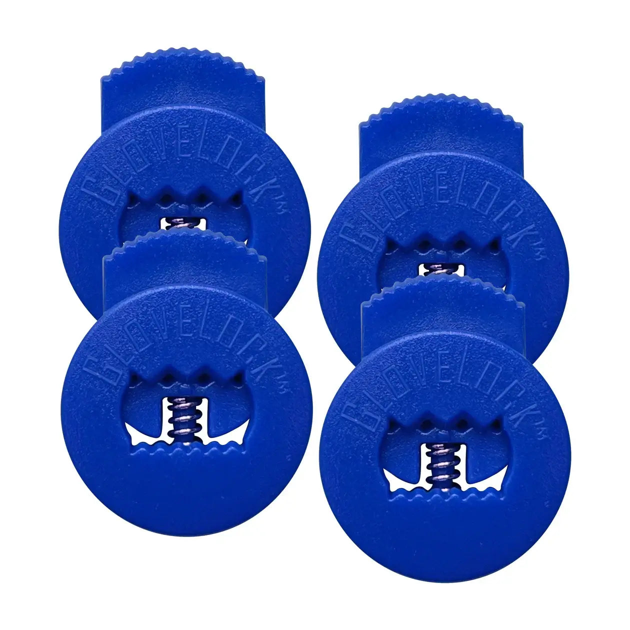 Set of four blue Glovelocks lace clips designed to secure gloves and improve game control.