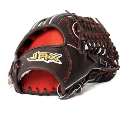 Front view of Jax LJ-10 12.5" outfield glove, chocolate color with deep pocket design.