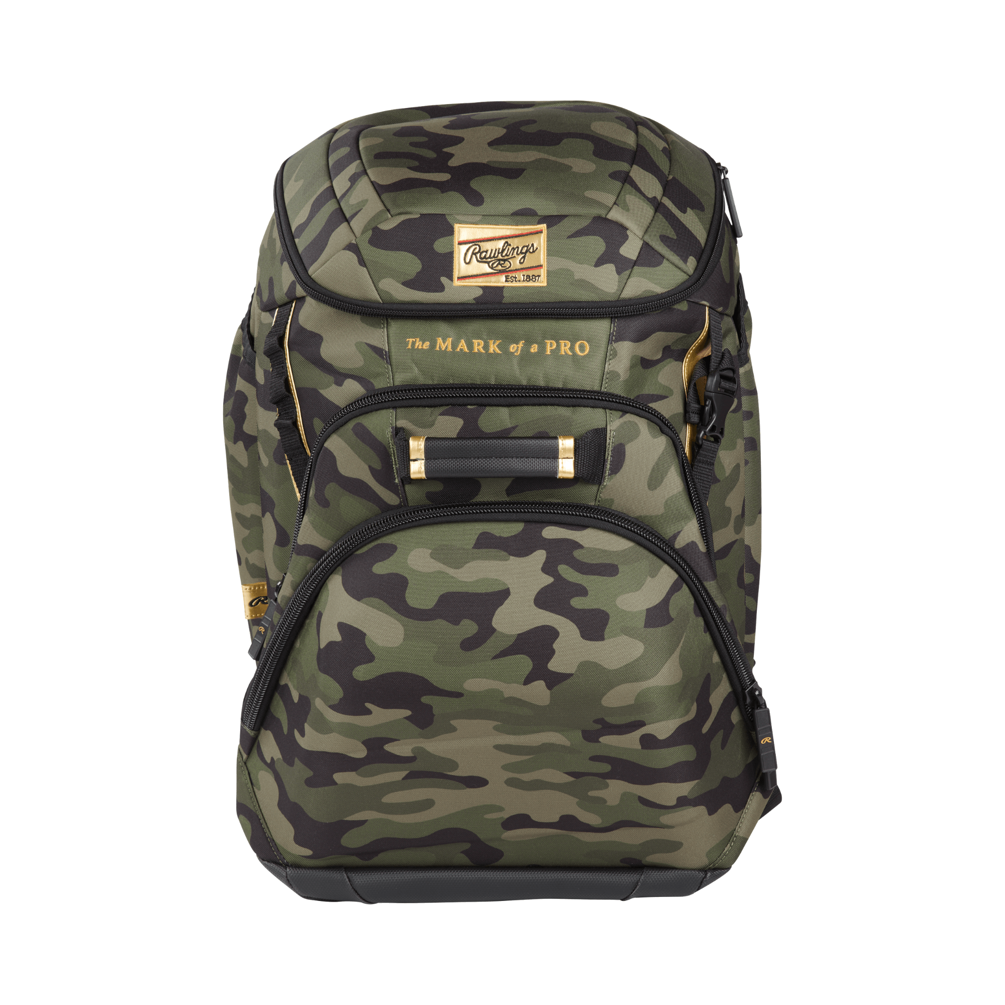 Rawlings Gold Collection Backpack in camouflage design, featuring protective glove crib and premium craftsmanship.