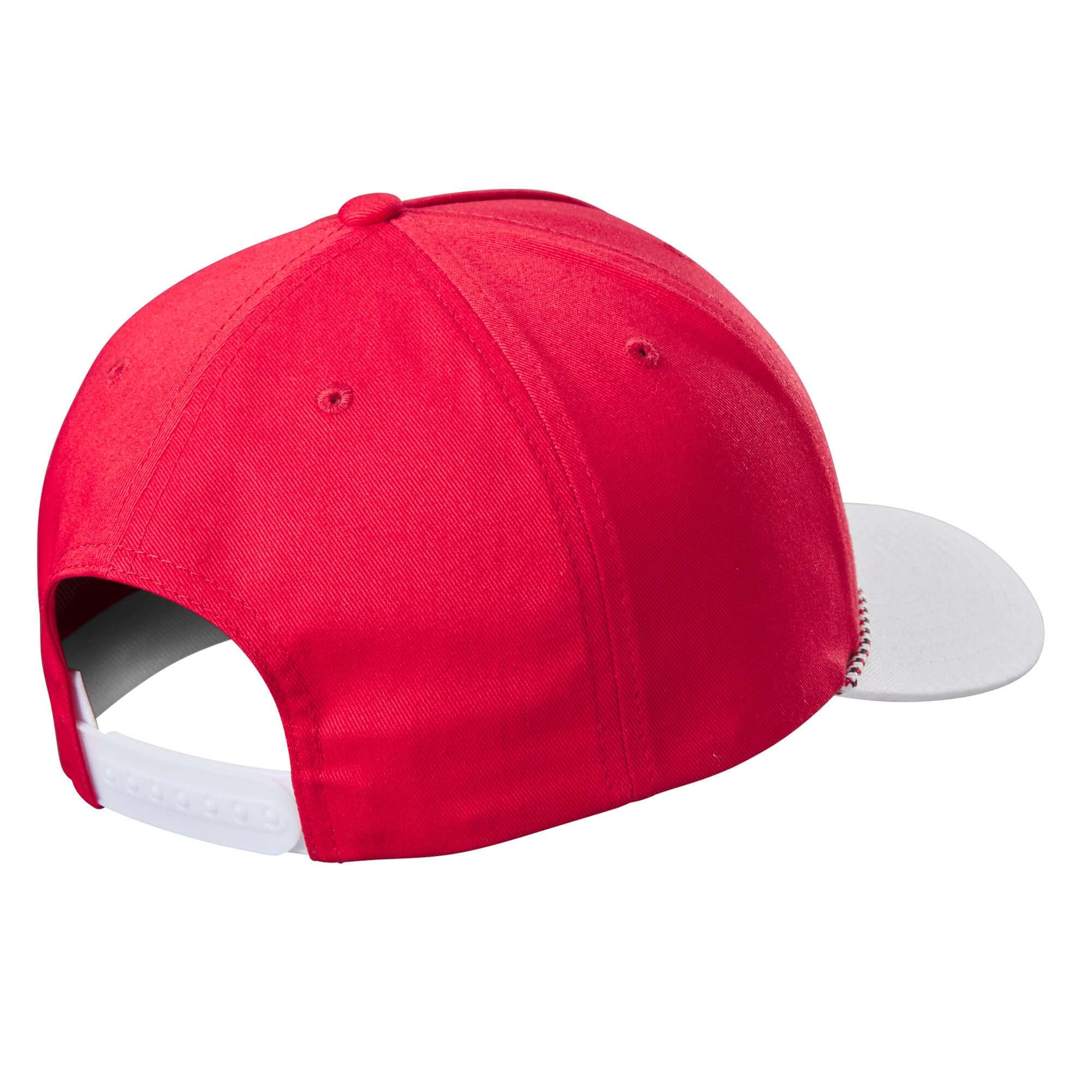 Evoshield USA Rope Snapback hat in scarlet and white showing the back view, featuring adjustable strap and stylish design.