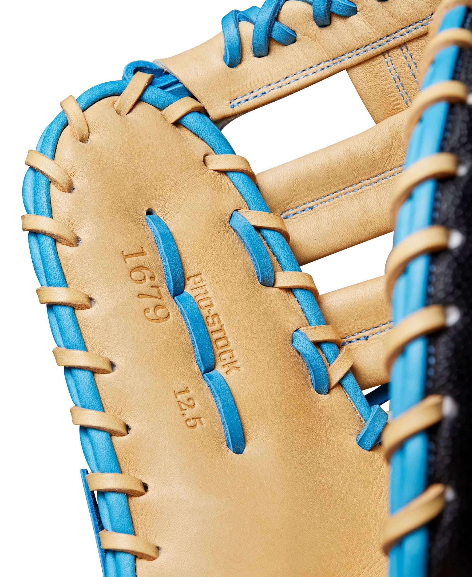 Close-up of Wilson A2000 1679SS Baseball First Base Mitt Black/Sky Blue 12.5" with Blonde Pro Stock leather and Single Post Web.