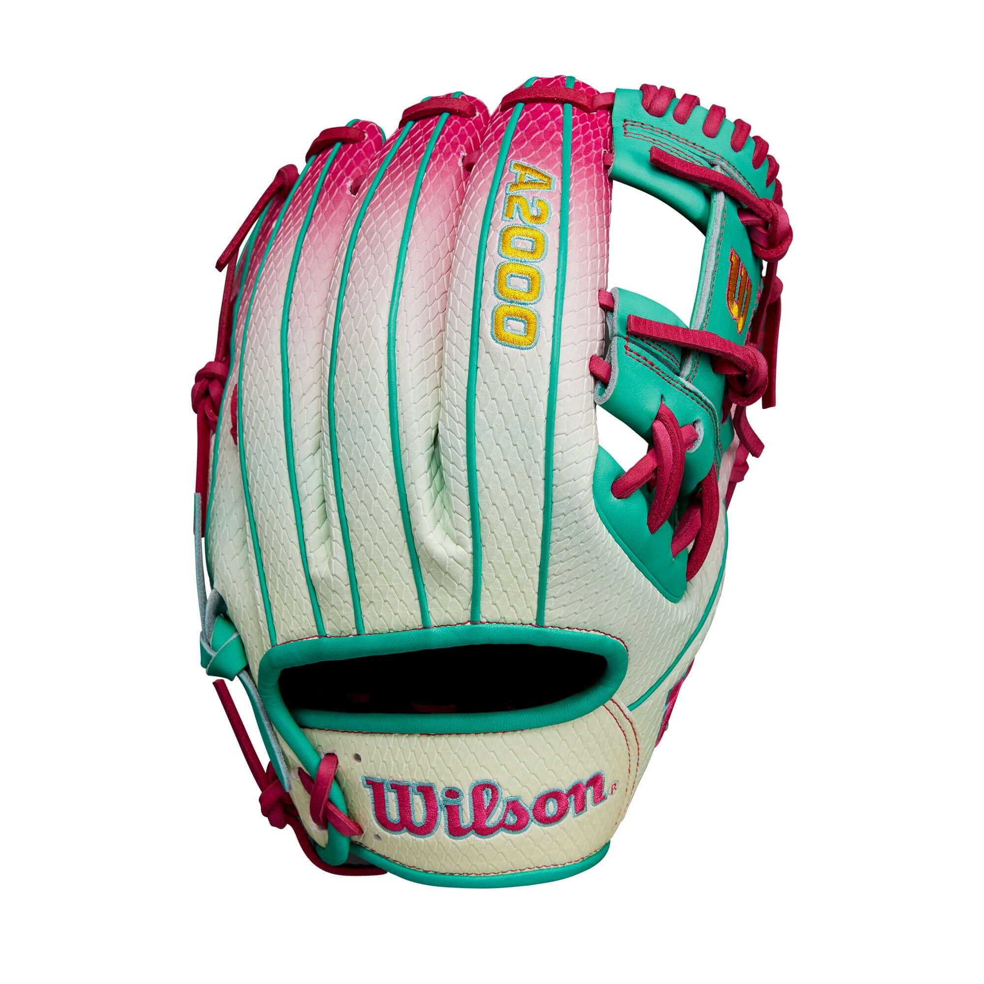 Wilson A2000 1975 glove in Pink to Seafoam gradient, featuring SuperSnakeSkin™ and bold logos, ideal for infield positions.