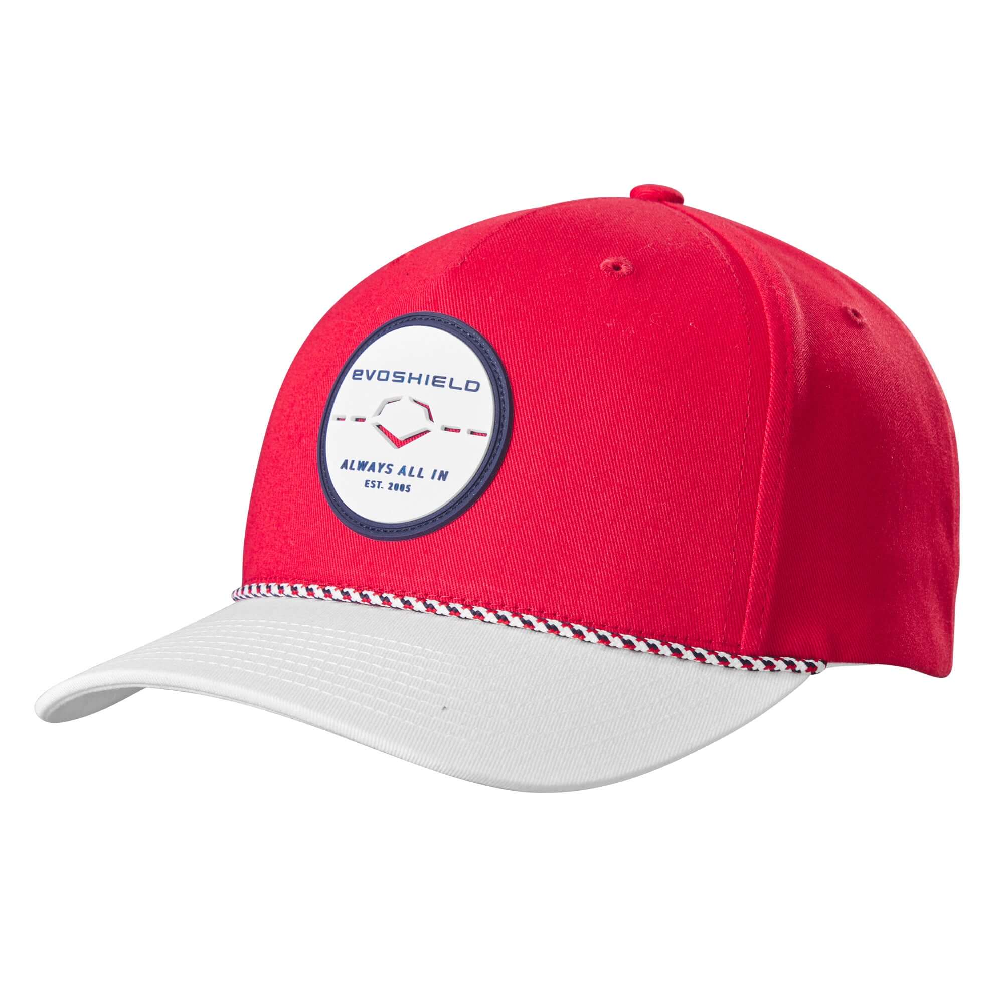 Evoshield USA Rope Snapback hat in scarlet and white, featuring a pre-formed bill and stylish rubber patch.